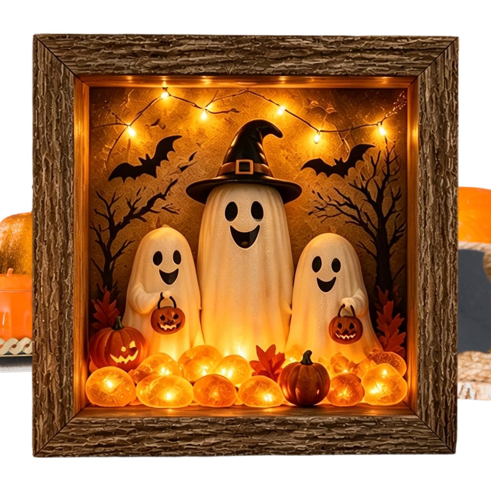 Scatola dei ricordi fai da te per Halloween, fatta a mano, decorazione rustica per Halloween | Cornice fantasma illuminata con pietra di vetro marino per interni: caminetto, scrivania, esposizione per feste