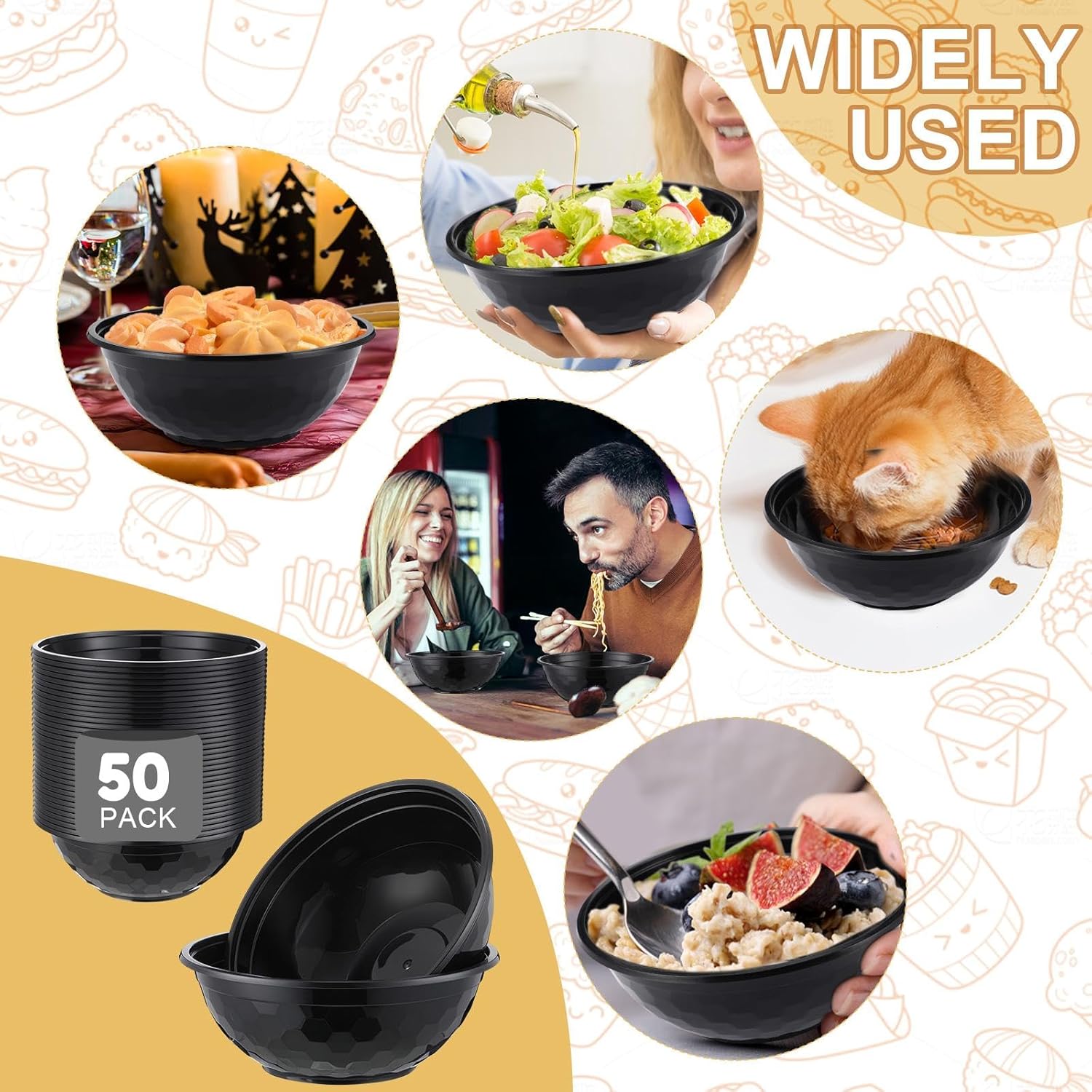 100 Pack 36oz Black Disposable Plastic Bowls Plastic Salad Bowls Large Stackable Serving Soup Microwave Safe Dinnerware for Birthdays Weddings Festivals Party(Soccer)
