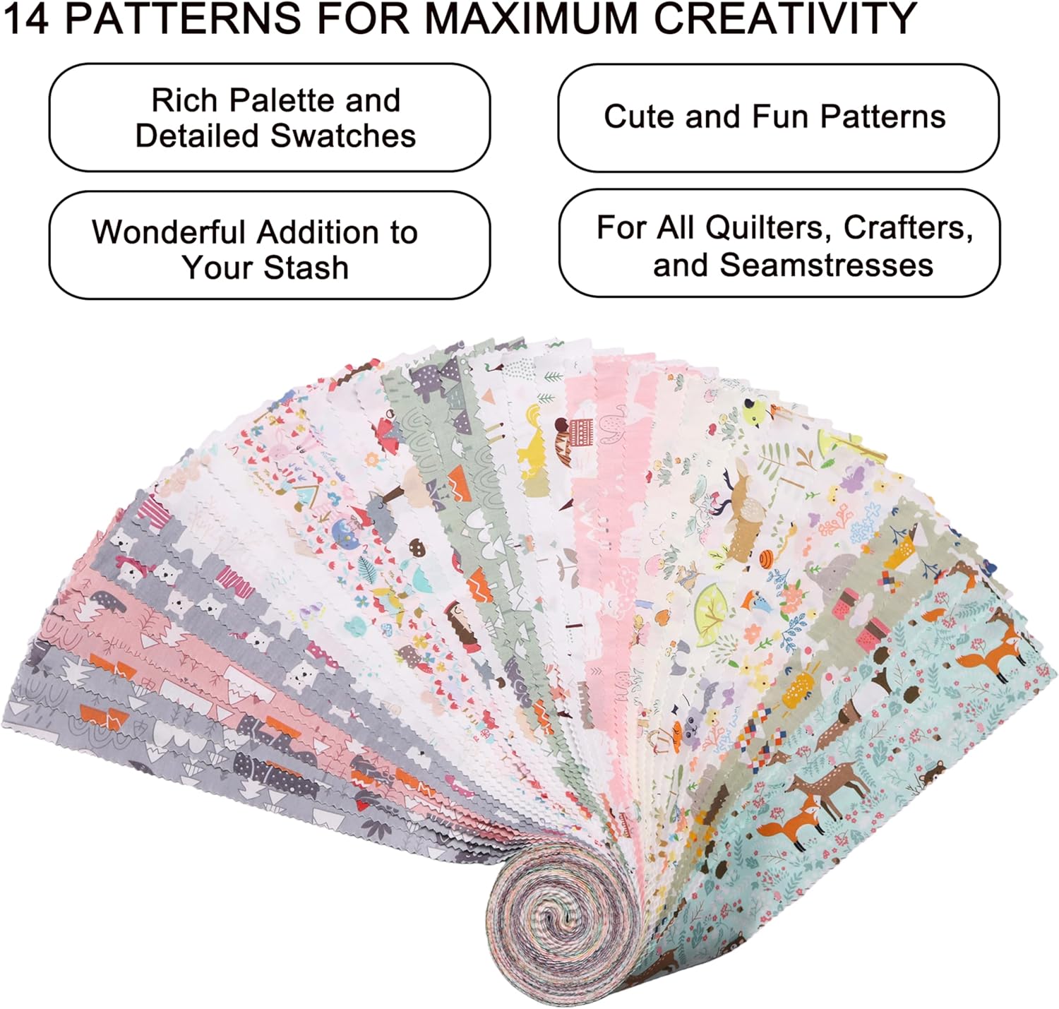 Jelly Rolls Fabric Strips for Quilting, Crafting, and Sewing, 42 Strip Jelly Roll Fabric Clearance, Cartoon Animal Print Cotton Material for Blanket, Rug, Upholstery, Home Decor, and Crafts