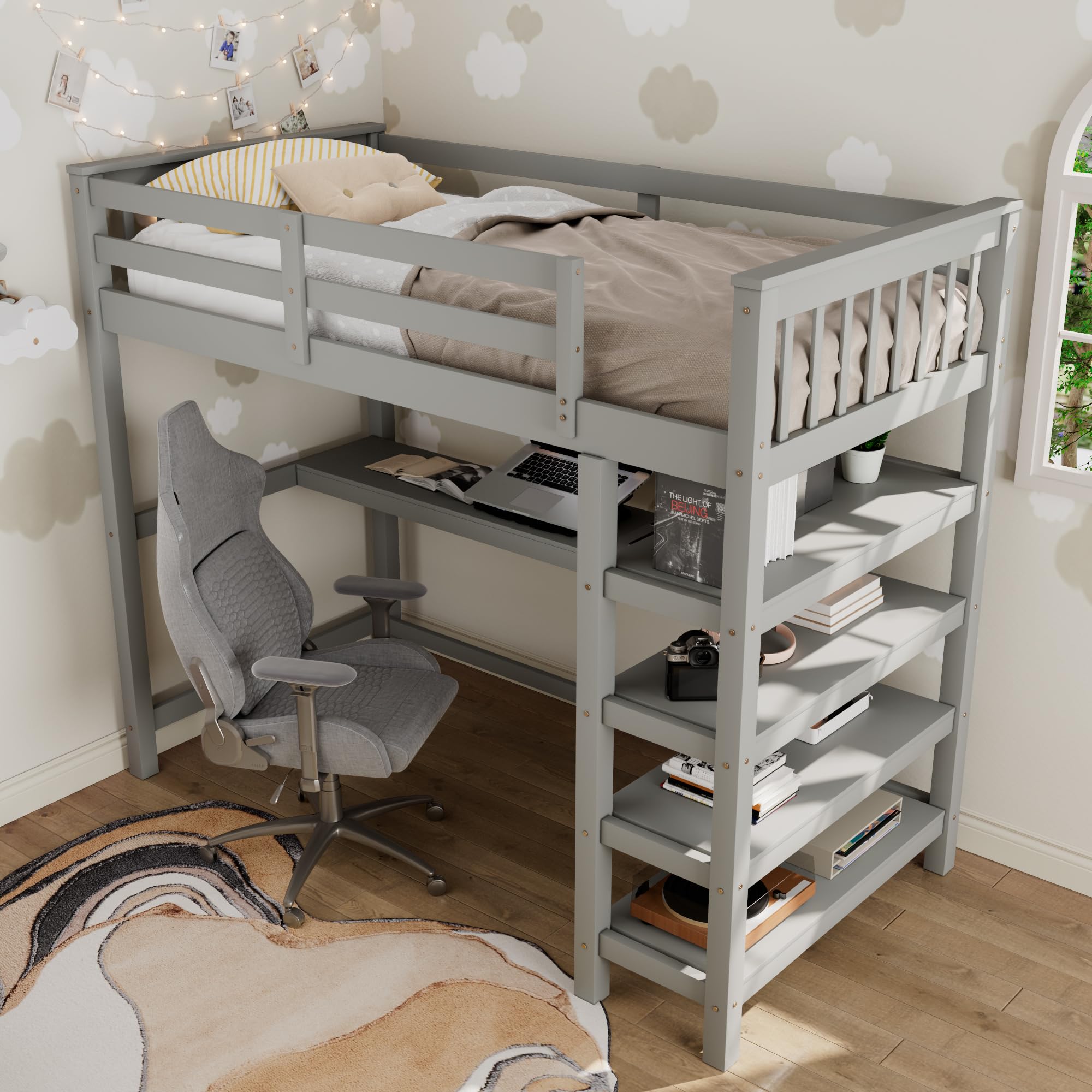 Merax Wood Loft Bed with Desk : Full Size Loft Bed with 4-Storage Shelves and Under Bed Desk Solid Wood Bed, Grey