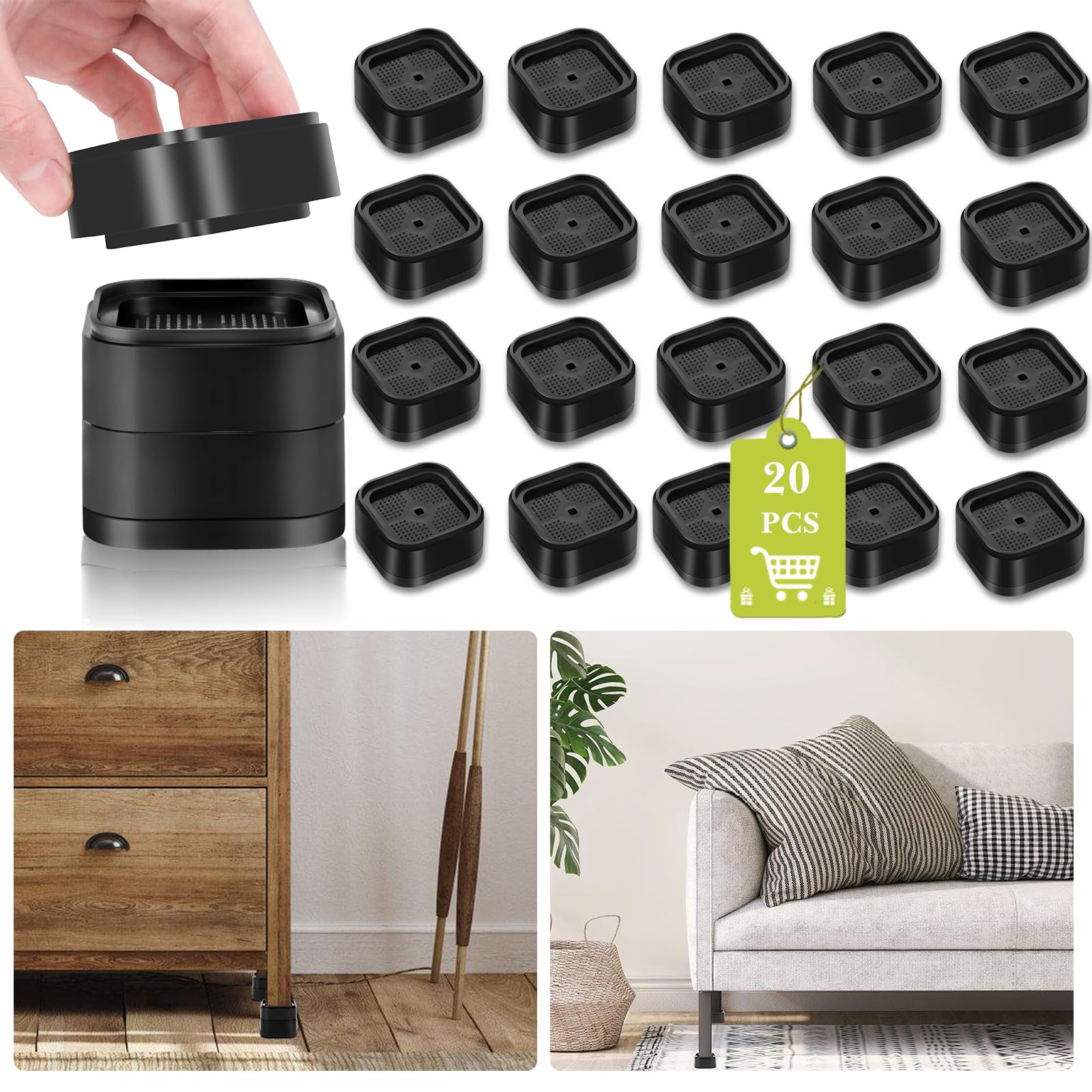 KAKAMINA 3 Inch Bed Risers - Set Of 9 Heavy Duty Furniture Risers, Lifts Up To 1,500 Lbs For Bed, Sofa, Desk, Chair | Black Plastic Risers - View #8