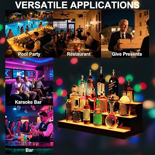 Miniatura 26 de Estante de exhibición de botellas de licor con luz LED desmontable de 24 pulgadas, 3 escalones, estante para botellas de licor, compatible con banco