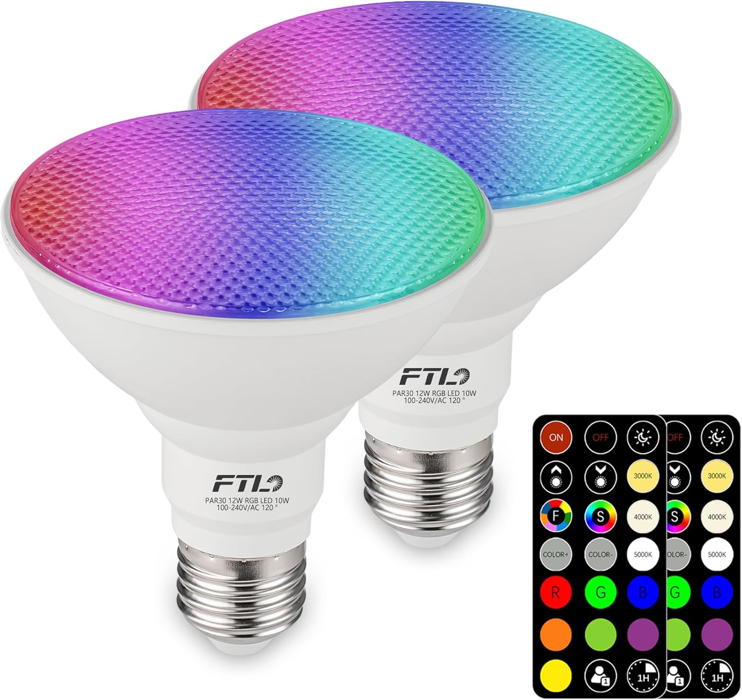FTL PAR30 LED Color Changing Light Bulb with Remote Control, RGB Dimmable Colored Light Bulbs 10W=65W, 30 Colors, 2700K-6000K, Timer, Indoor Outdoor Flood Light Bulbs for Recessed Can Lighting 2-Pack