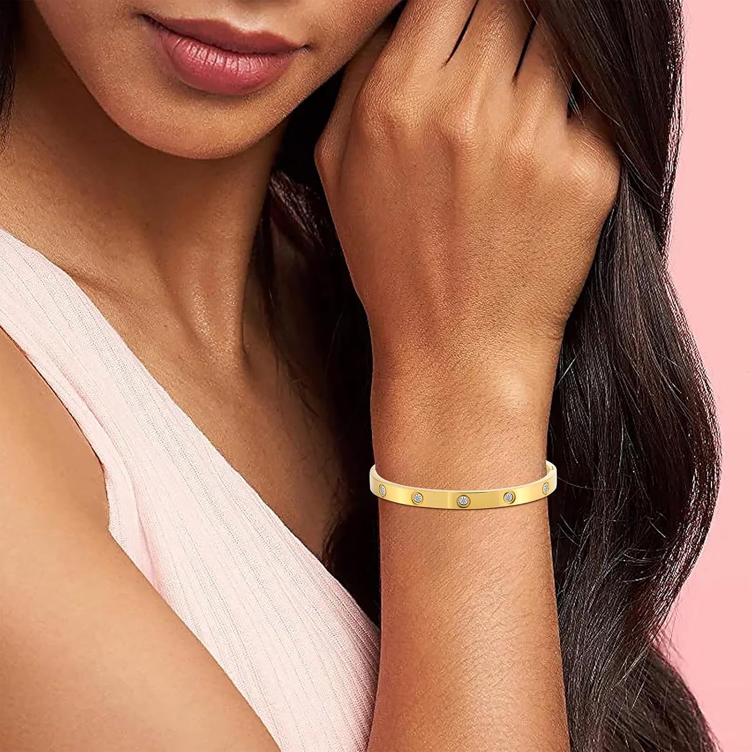 2PCS Gold Bracelets for Women Friendship & Love Theme Crystal Bangle Set Stainless Steel Non Tarnish Jewelry, Ideal Birthday Gift. - Image 5