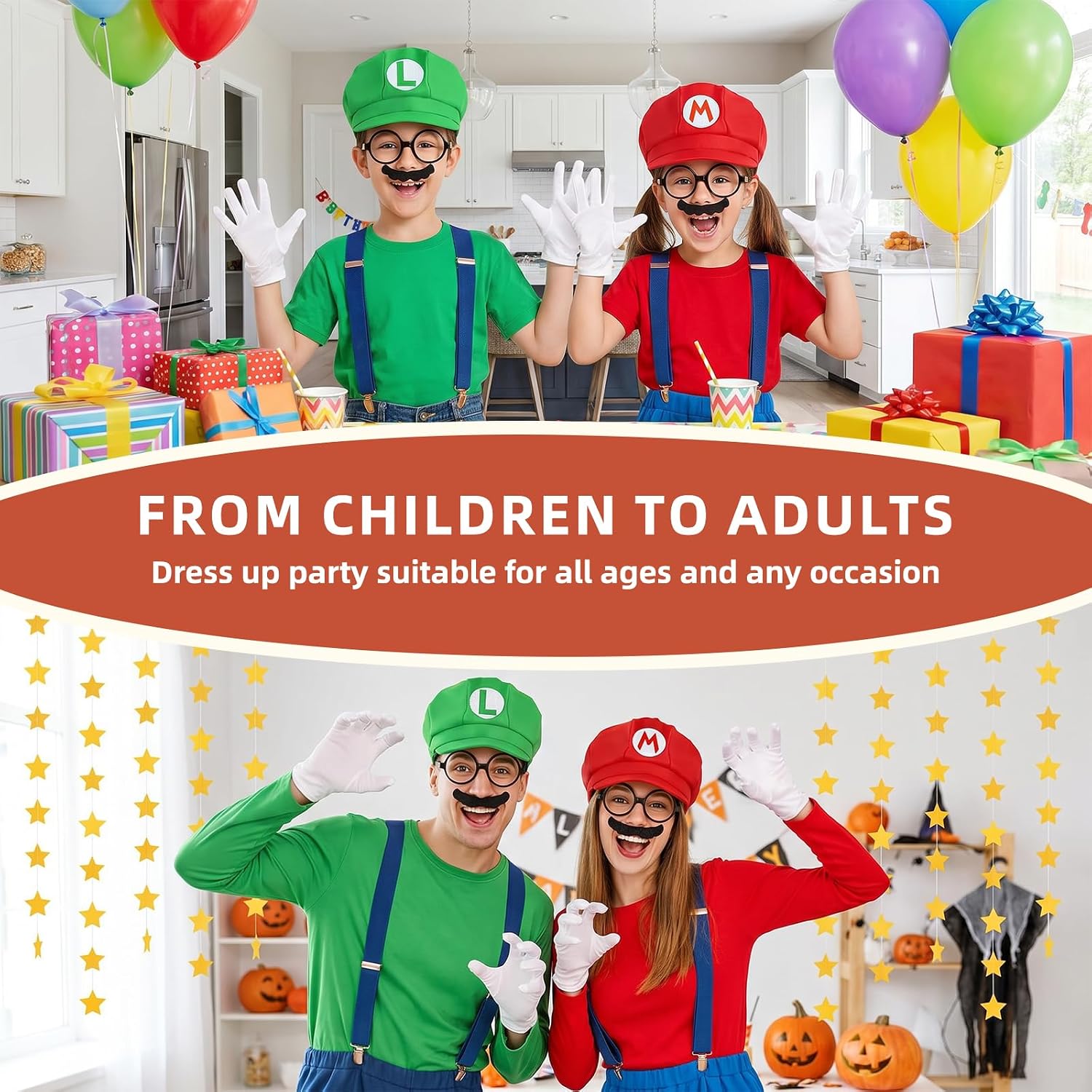 Super Bros Costume Kit with Hat, Mustaches, Suspenders, Gloves Buttons ANG Glasses Frame for Halloween, Cosplay and Christmas