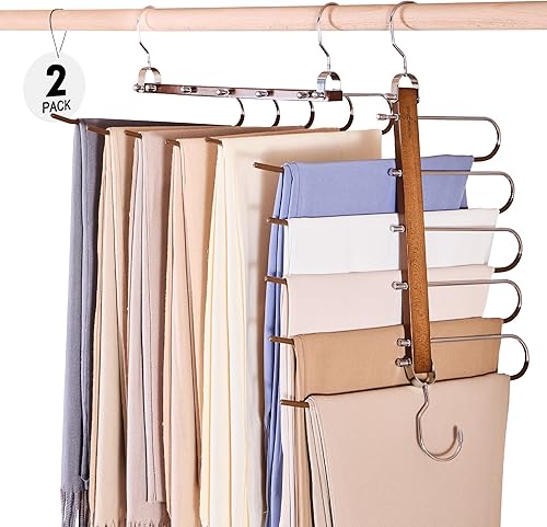 HOUSE DAY Perchas para pantalones que ahorran espacio, perchas de madera para armario, antideslizantes, multifuncionales, organizador de pantalones