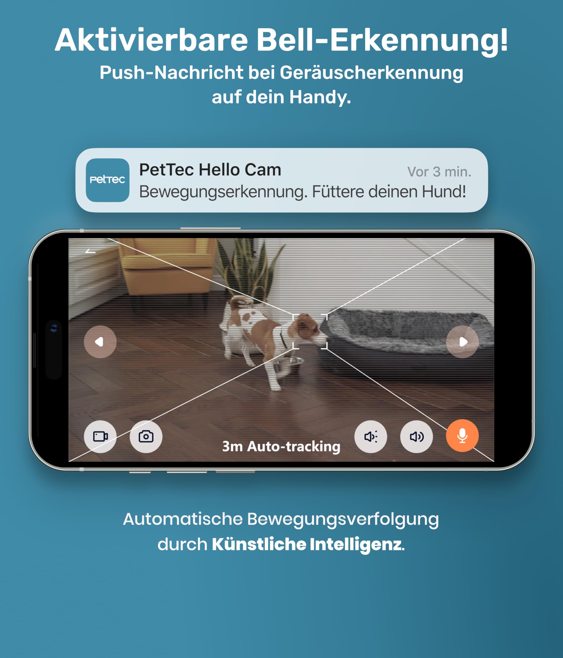 PetTec® Haustierkamera 360° und automatischer Futterspender mit Leckerliauswurf - via App & Multitaste - Bell-Erkennung - 3MP Nachtsichtfunktion - Hundekamera & Katzenkamera