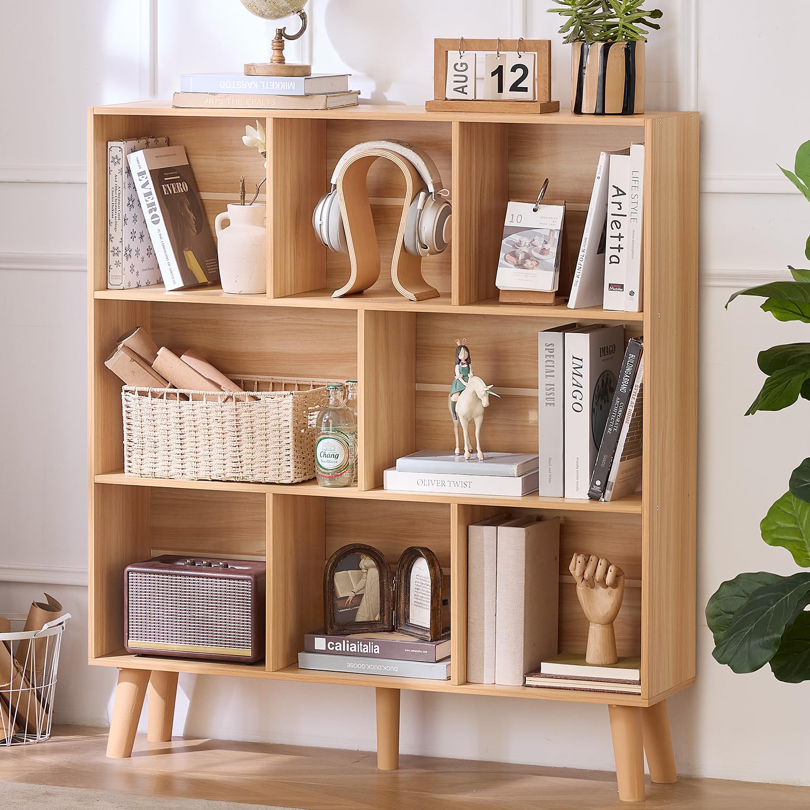 LEYAOYAO Wooden 8 Cube Book Shelf, Natural 3 Tier Bookshelf with Legs, Modern Open Storage Organizer,Boho Bookcase,Display Cabinet Shelf Free Standing Bookshelves for Bedroom,Living Room,Office