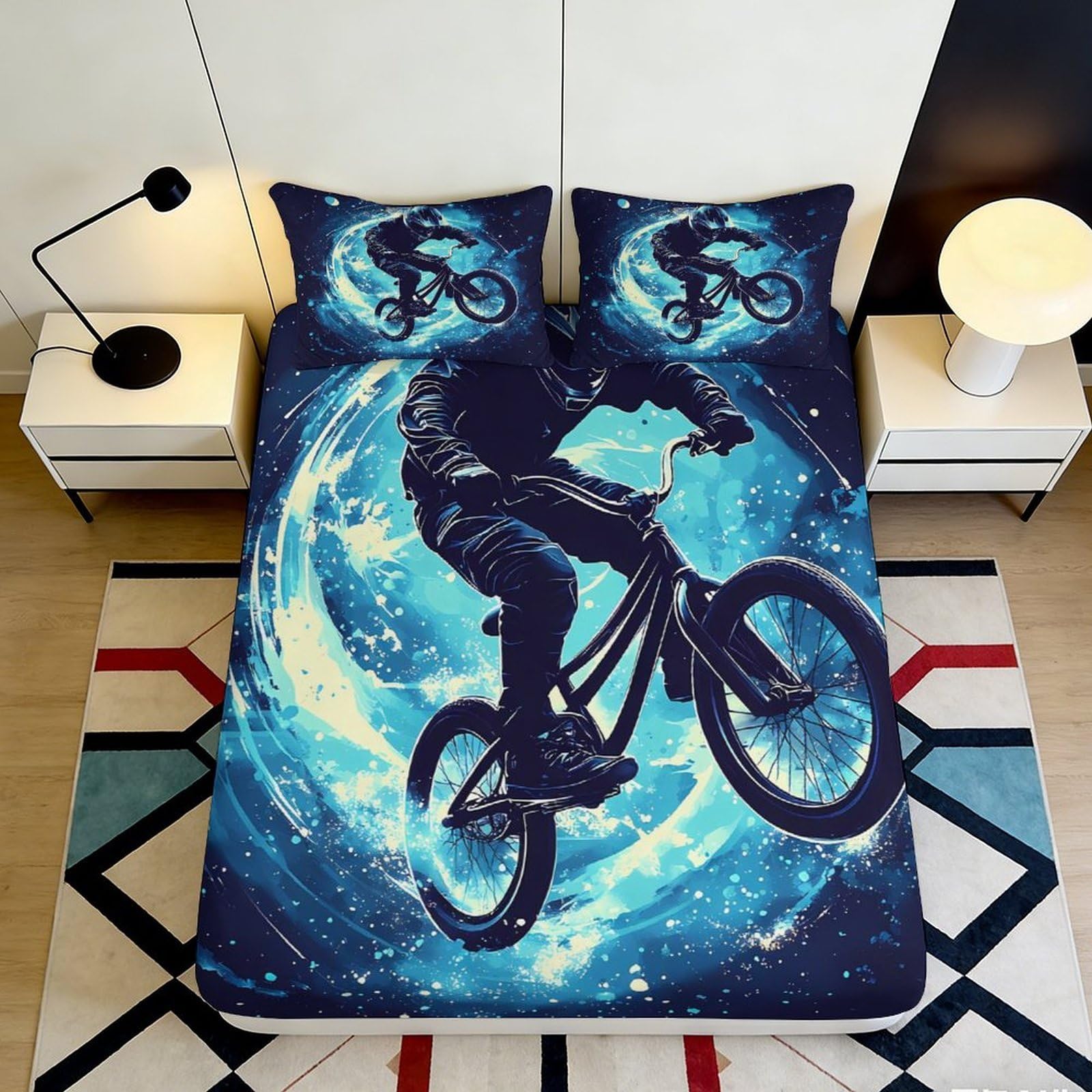 Jqzkxnhpbr Style-9 3D Printed Moon Cycle Fitted Sheet Microfiber Bmx Rider Mattress Cover For Bedroom Guest Room Decor Easy Care 90X200x25cm