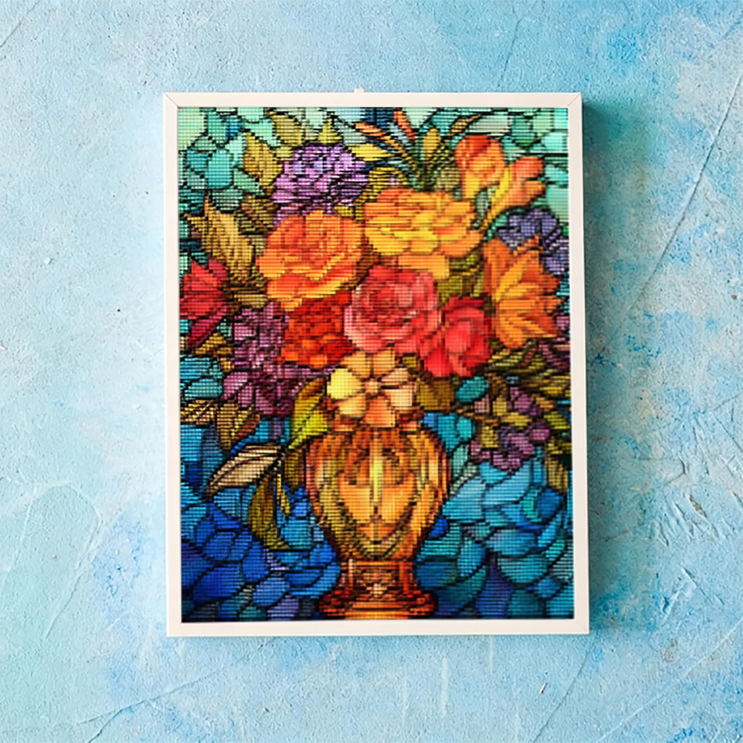 MIJVFNB Stained Glass Flower Vase Counted Cross Stitch Kits for Adults Advanced Stamped Cross Stitch Kits Flowers Cross Stitch Patterns 11CT, 12X16 inch