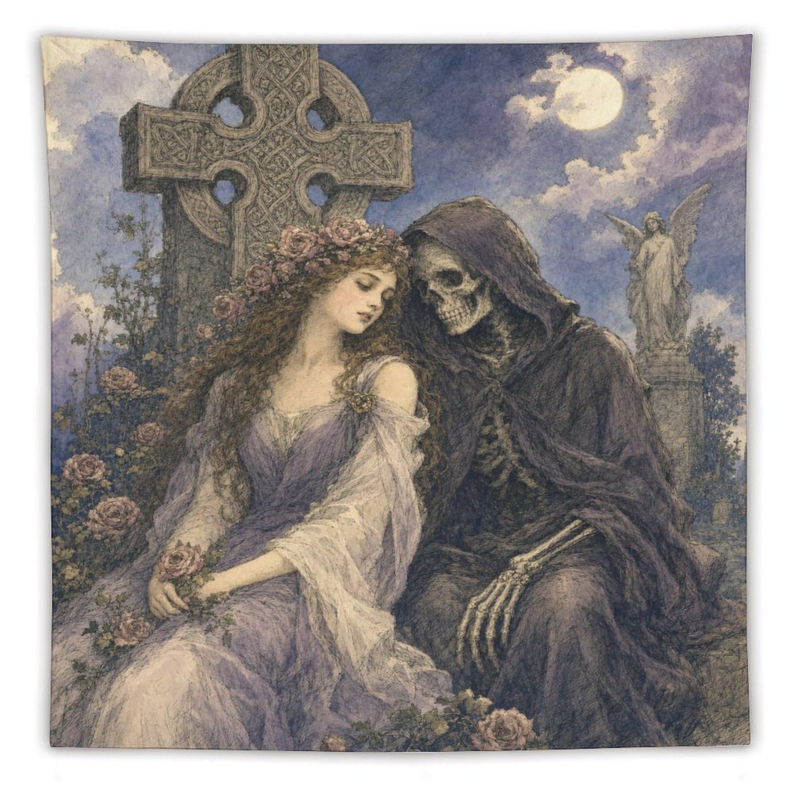 H3B8U2Y5 Gothic Bride with Death Wall Tapestry, Gothic Oil, Living Room