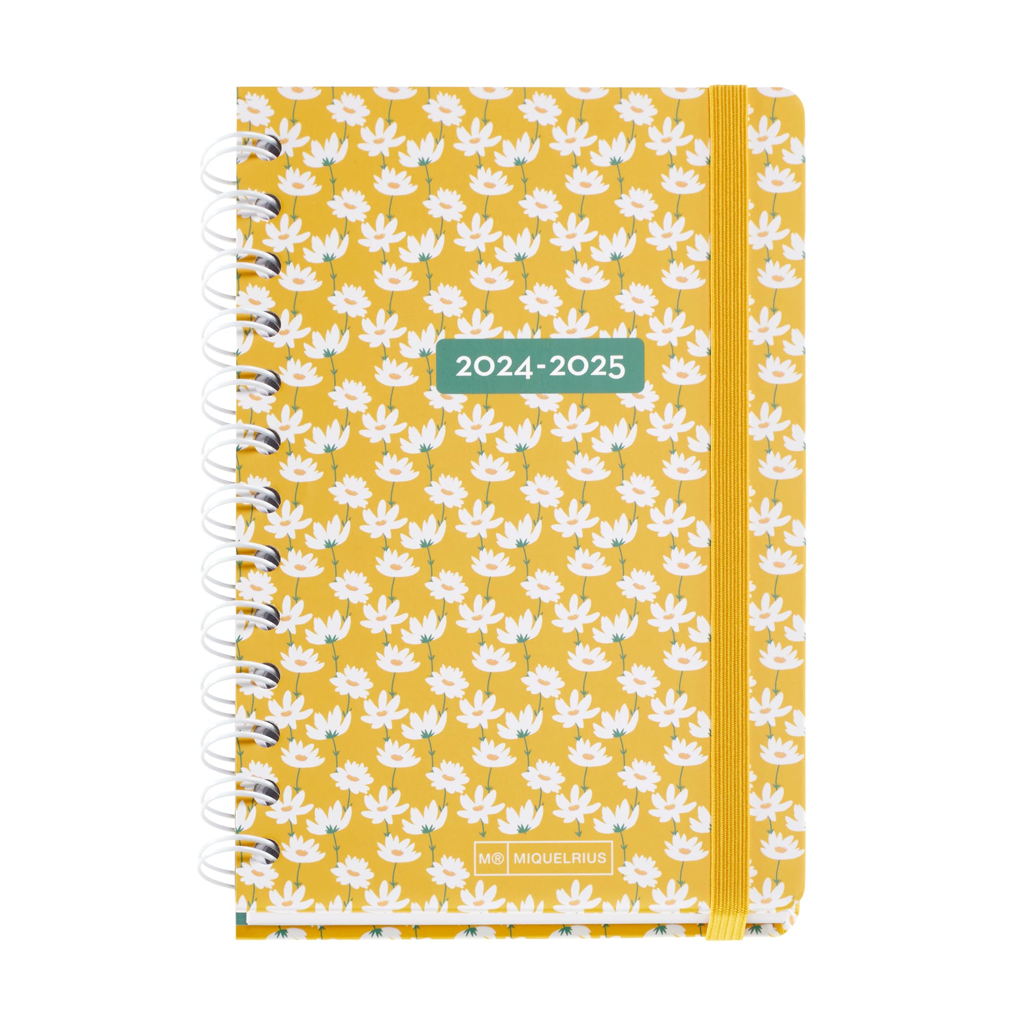 Miquelrius - Agenda Escolar 24-25, Septiembre 2024 a Agosto 2025, Tamaño 123 x 178 mm, Semana Vista, Doble Espiral Metálico, Cubierta Cartón Forrado, Cierre Goma, Español e Inglés, Margaritas