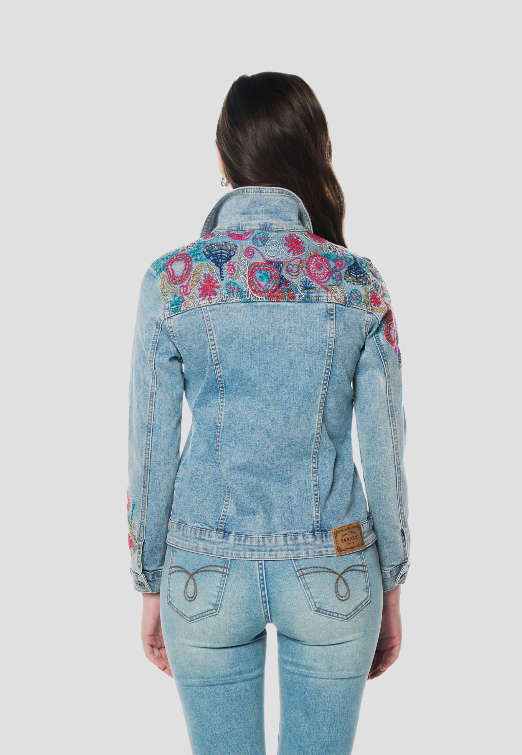 Koroshi Cazadora Chaqueta Vaquera Denim Corta Mujer Azul Bordado Floral
