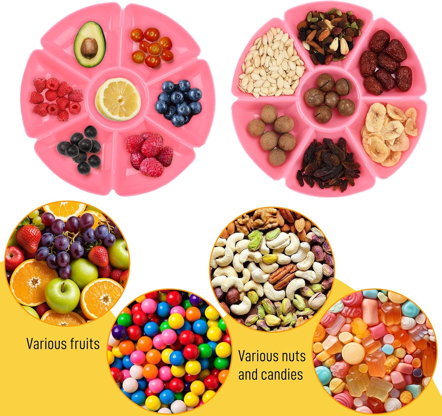 12 Pcs Plastic Serving Trays, 10 Inch Round, 7 Compartments, 6 Colors