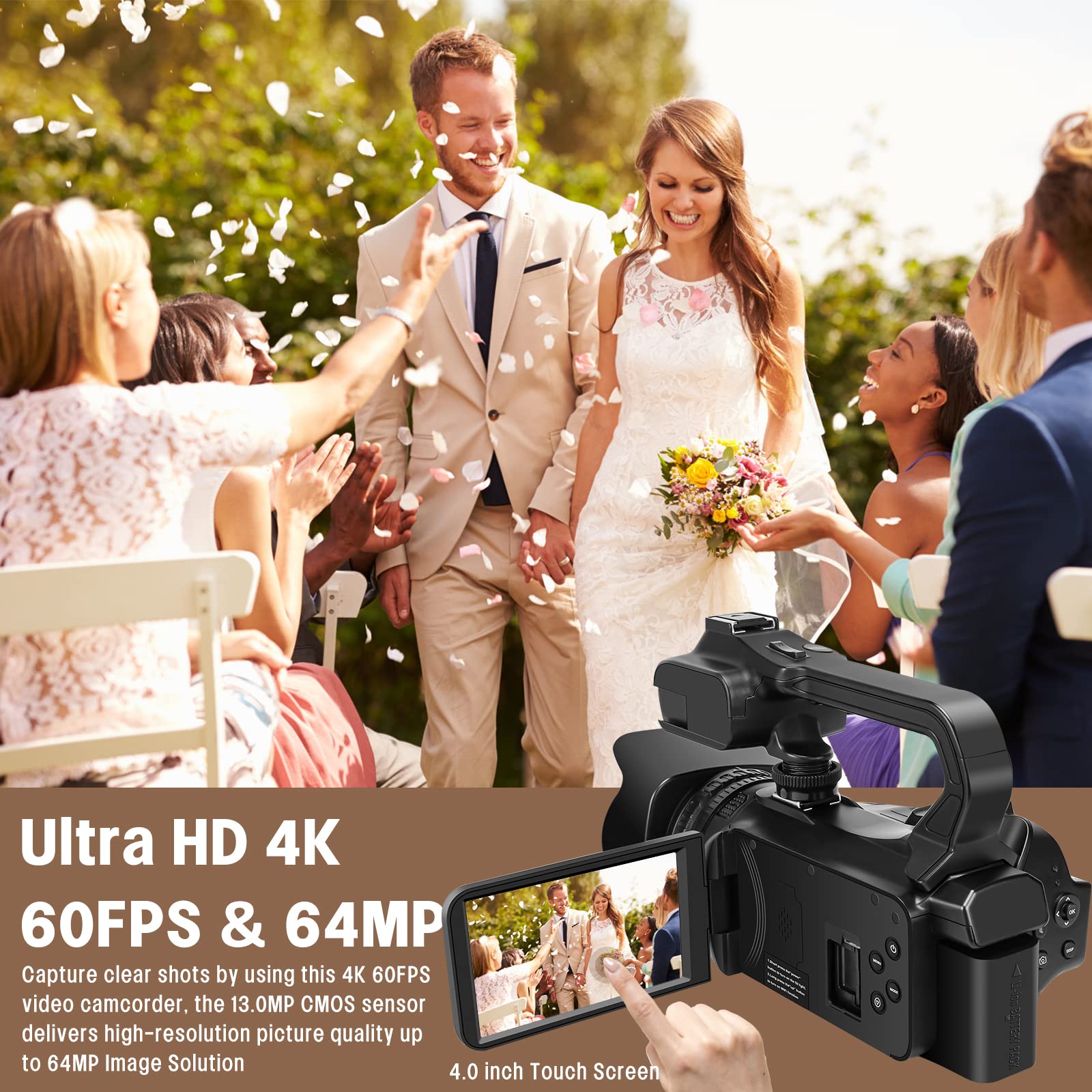 Videokamera 4K Camcorder HD 60FPS 64MP Autofokus Vlogging Kamera WiFi Webcam 18X Digital Zoom 4" Touchscreen YouTube Camera mit Mikrofon, LED Fülllicht, Stabilisator, Gegenlichtblende, 64G SD-Karte