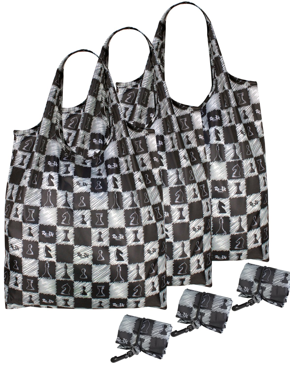Re-Uz Black Bundle Of 3 Lifestyle Shoppers Foldable Reusable Shopping Grocery Bags - Chess