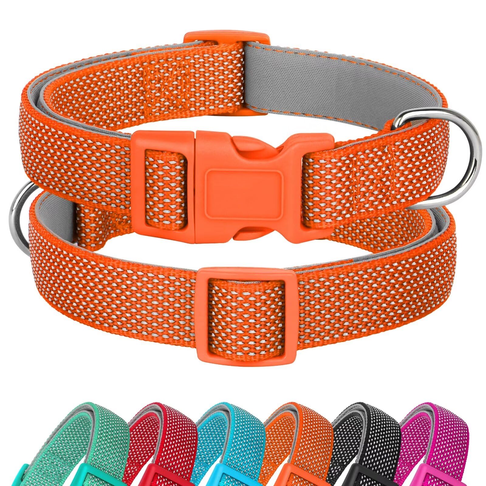 DidogReflective Dog Collar with Buckle, Adjustable Soft Neoprene Padded Nylon Pet Collars for Small Medium Large Dogs, Orange, S