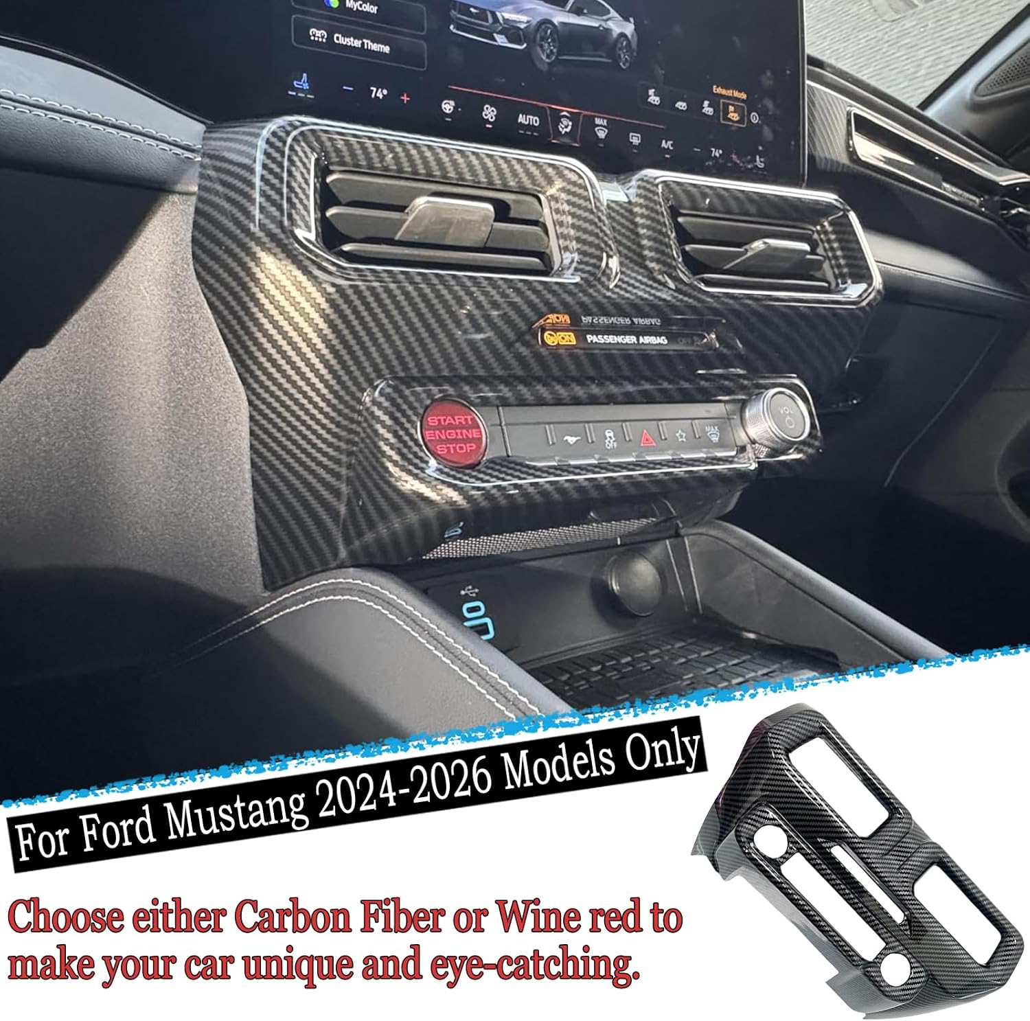 A/C Vent Trim Panel Cover, for Ford Mustang 2024 2025 2026 - ABS Carbon Fiber Dashboard AC Air Vent Outlet Grain Sport Interior Trim Accessories（B-Shape）