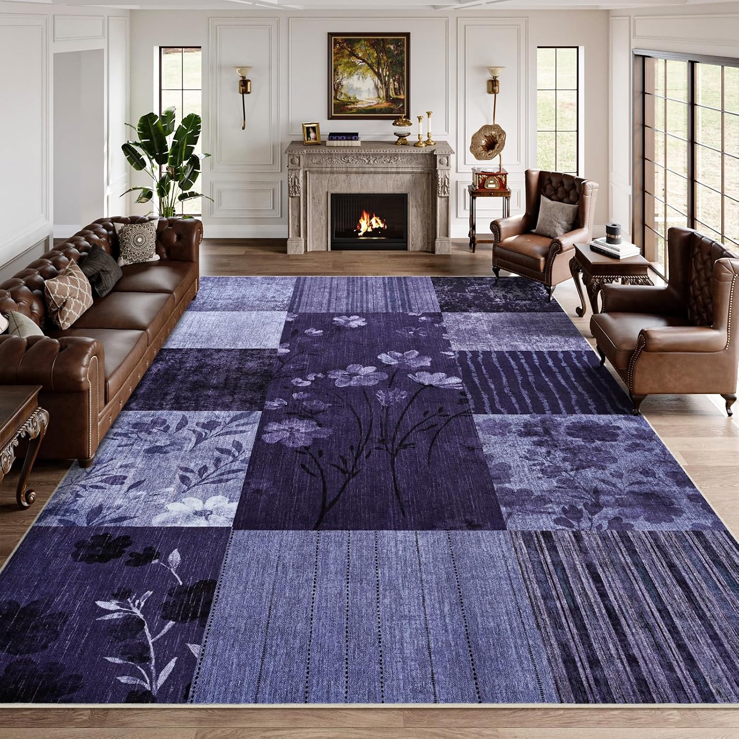 DweIke Washable 6x9 Purple Area Rugs for Living Room, Non-Slip Soft Stain Resistant Throw Rug, Modern Large Geometric Patchwork Floral Carpet for Bedroom Office Dining Room Under Table Decor
