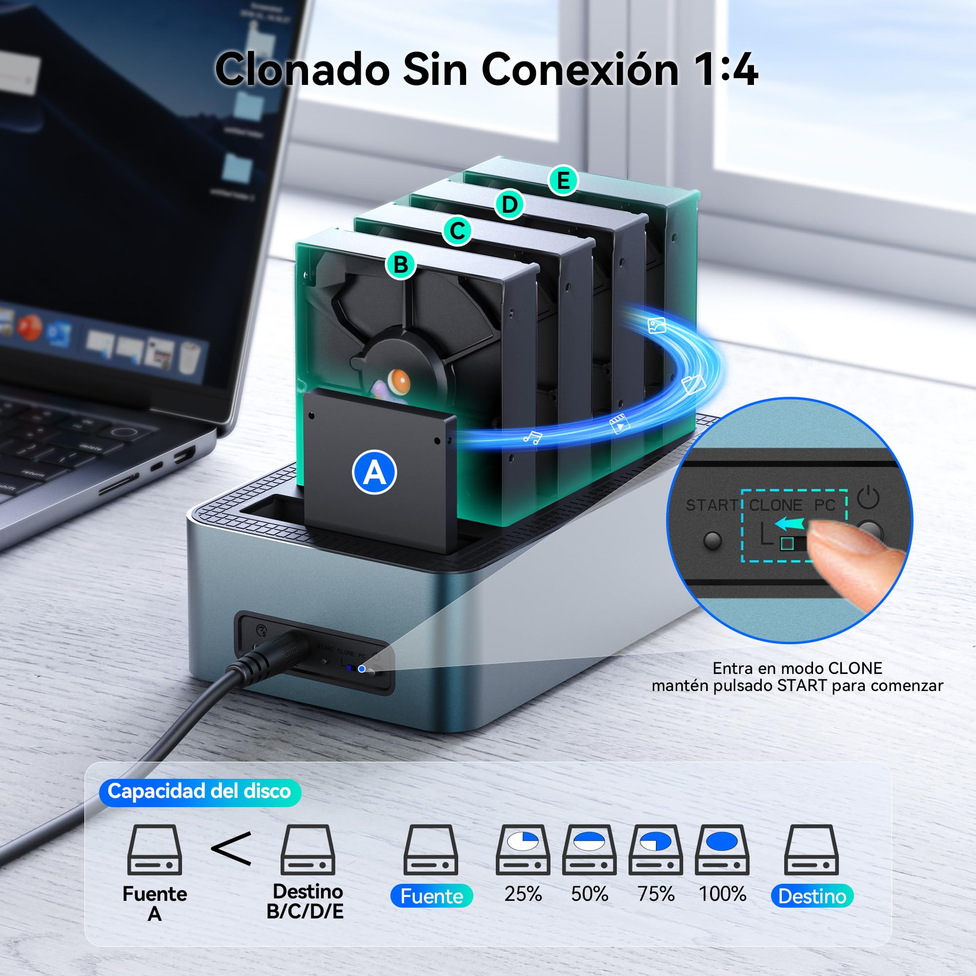 Yottamaster 5 Bay Offline Cloning Hard Drive Docking Station de Aluminio para 2,5/3,5 Pulgadas, USB 3.2 Gen1 SATA SSD/HDD Docking Station con Fuente de Alimentación de 12V 6,5A, Soporta 5x20TB
