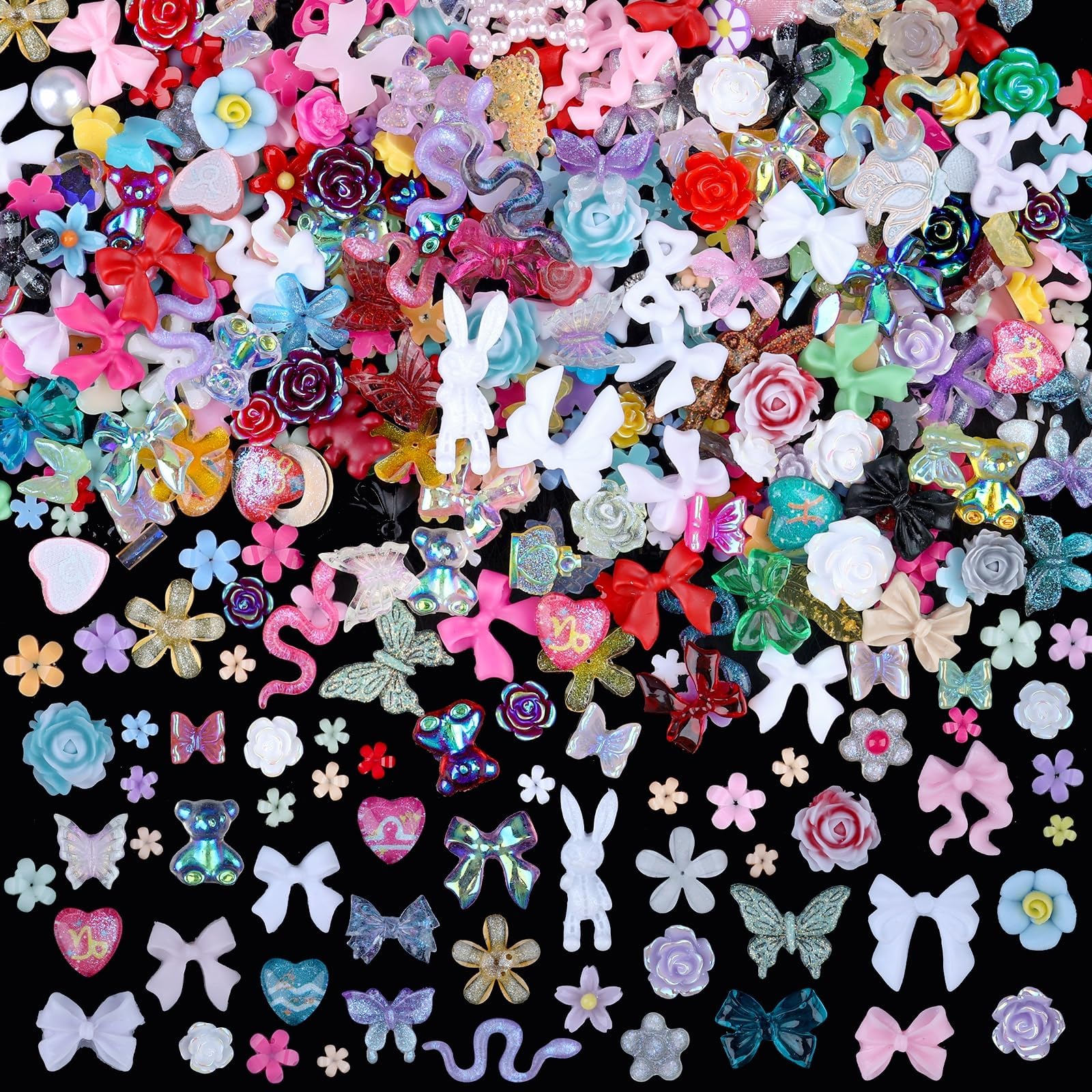 300 Pieces 3D Mix Assorted Resin Nail Charms Hollow Pearl Heart Nail Art Charms Gems Gummy Bear Star Heart Flowers Acrylic Beads