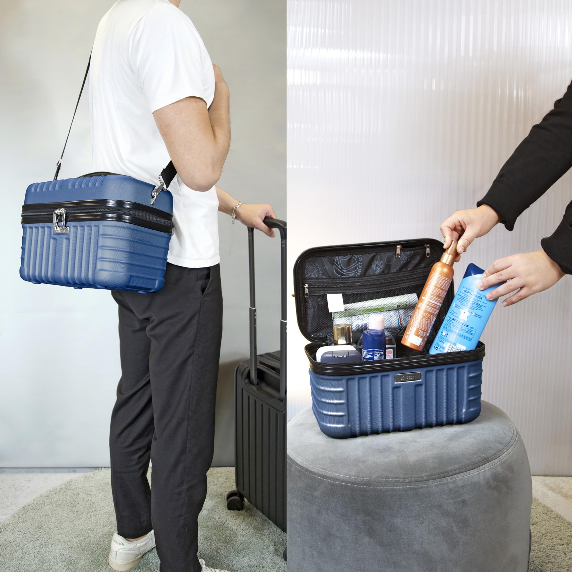 KINSTON Beauty Case Rigido con Tracolla – Borsa da Toilette da Viaggio Donna – Grande Capacità – Scatola Porta Trucco – 32 x 24 x 19 cm – con Manico - Blu scuro