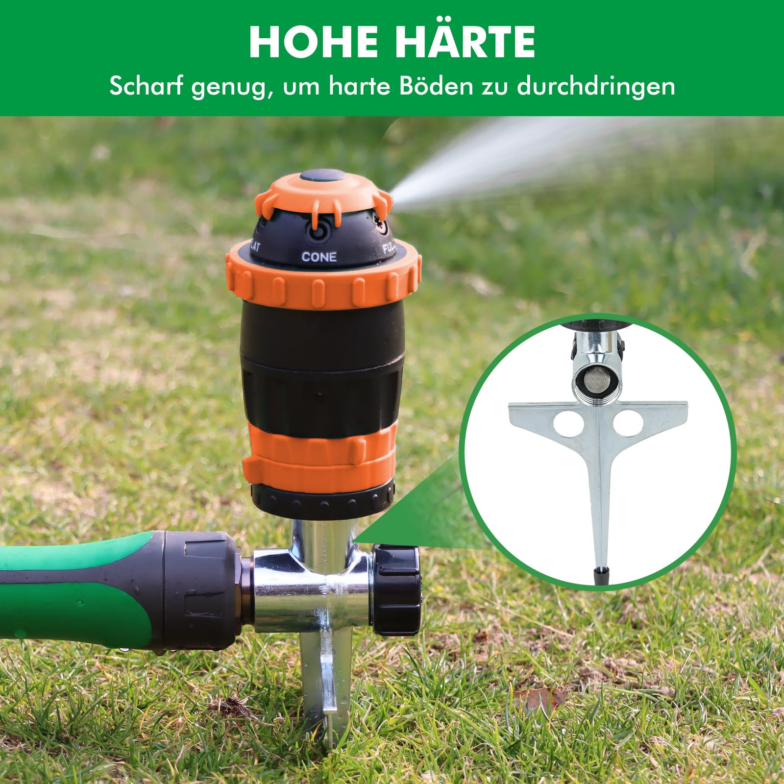RESTMO Getriebe-Sprinkler mit Metallspike-Basis – Rasensprenger für große Flächen, 5 Muster, Bewässerungssystem für Rasen & Beete, Gartensprinkler, Reichweite 15 m, 180 m² Abdeckung, Grün, Orange