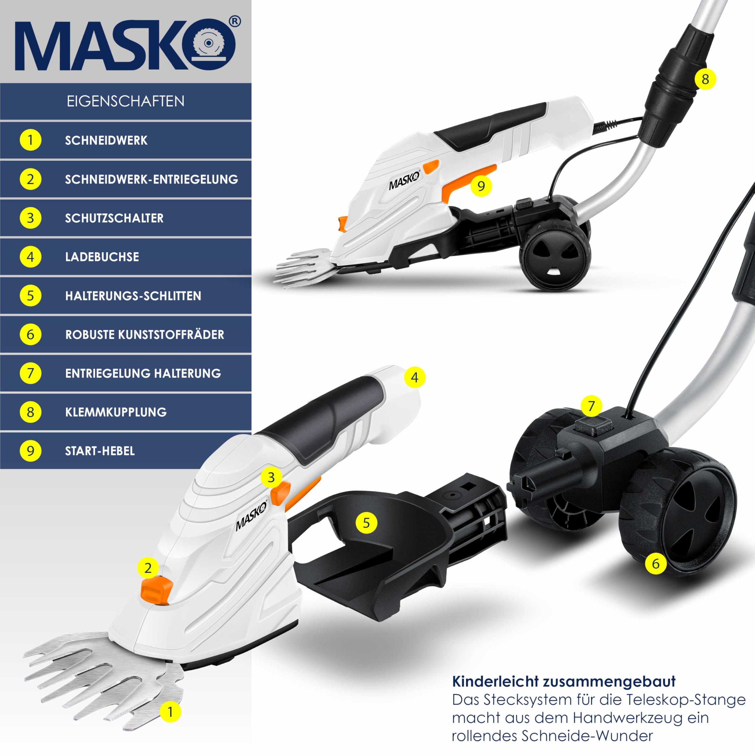 MASKO® Set cesoie-batteria 7,2 V, 2000 mA/h, tagliasiepi giardino, caricabatterie, guanti, coltello erba, lame, manico telescopico 90-130 cm, ruote