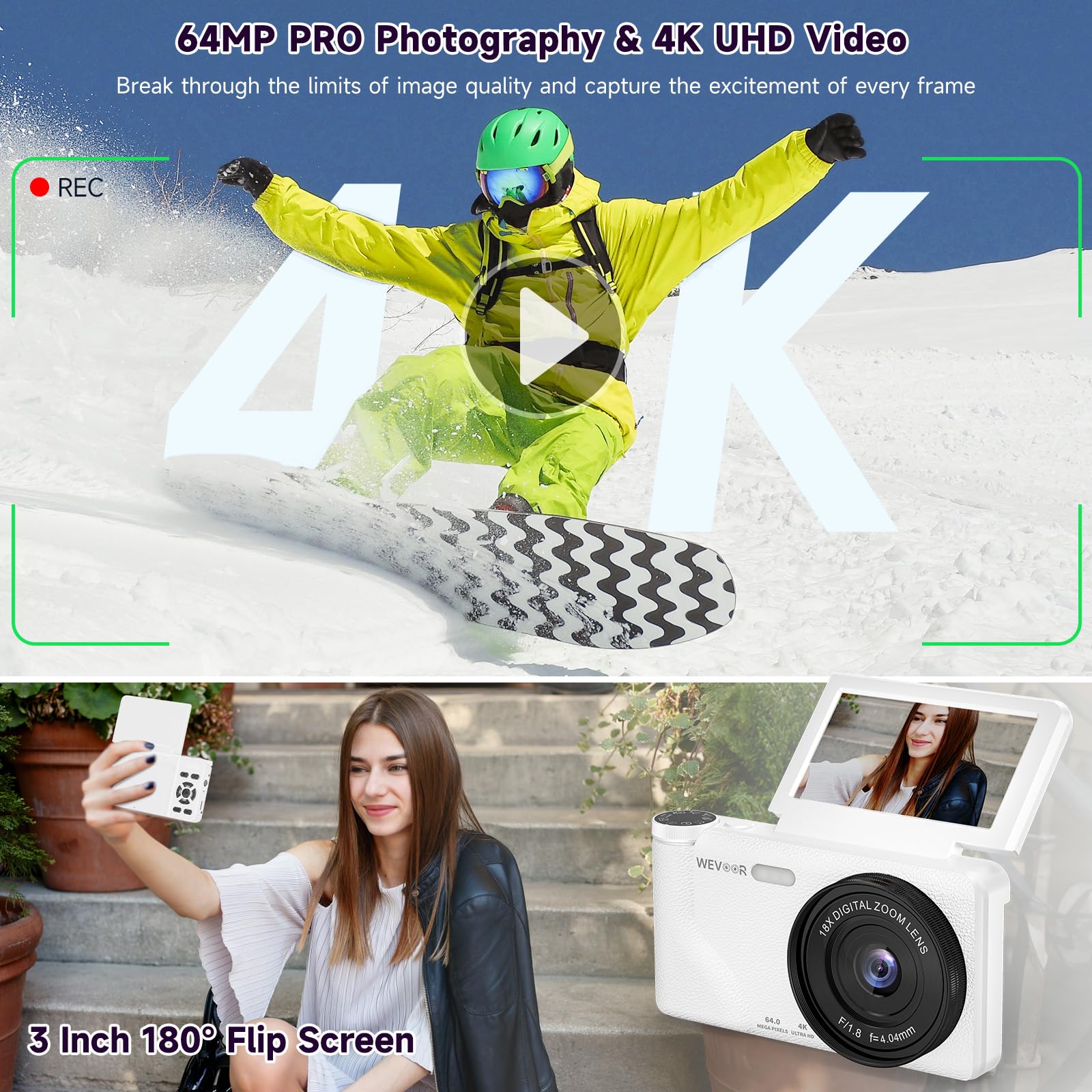 Digitalkamera 64MP 4K, Wevoor Kompaktkamera mit 3" 180° Flip Screen, 2000mAh Akku, 32GB Karte, Autofokus & 18X Digitalzoom, Fotokamera für Vlogging Selfies Reisen Anfänger Teens Kinder - Weiß