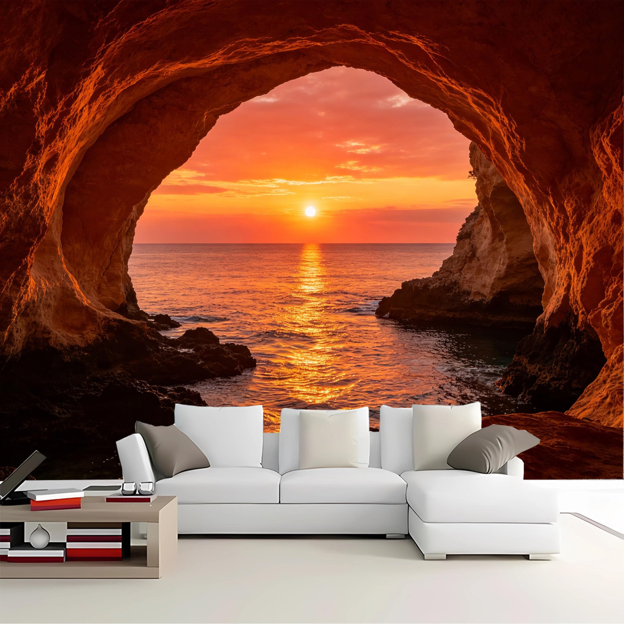 Custom Size Wall Mural Cave View Ocean Sunset Removable Self Adhesive Peel and Stick Wallpaper for Bedroom Living Room Dining Room