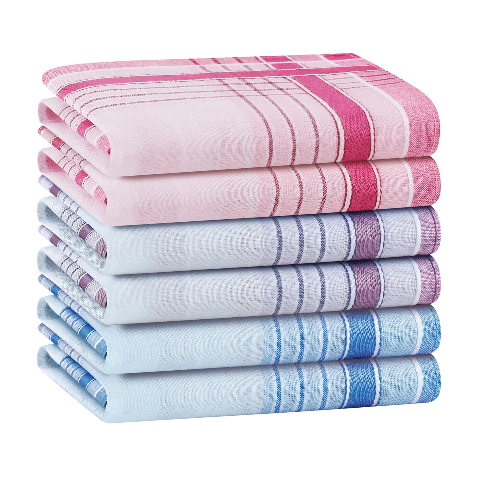Houlife Women's Mixed 2-6Pcs 100% 60S Combed Cotton Handkerchiefs Soft Stripe Checkered Pattern Coloured Plaid Hankies For Wedding Party 6/12 Pieces 28X28cm