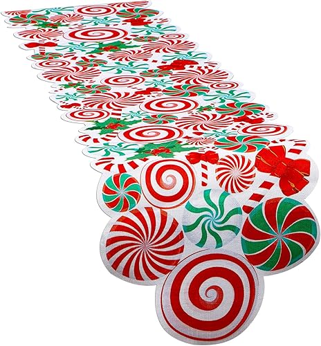 Miniatura 6 de Kingdder Camino de mesa de Navidad con bastón de caramelo, rojo, blanco, verde, piruleta, arco de menta, decoración de fiesta de Navidad, centro de