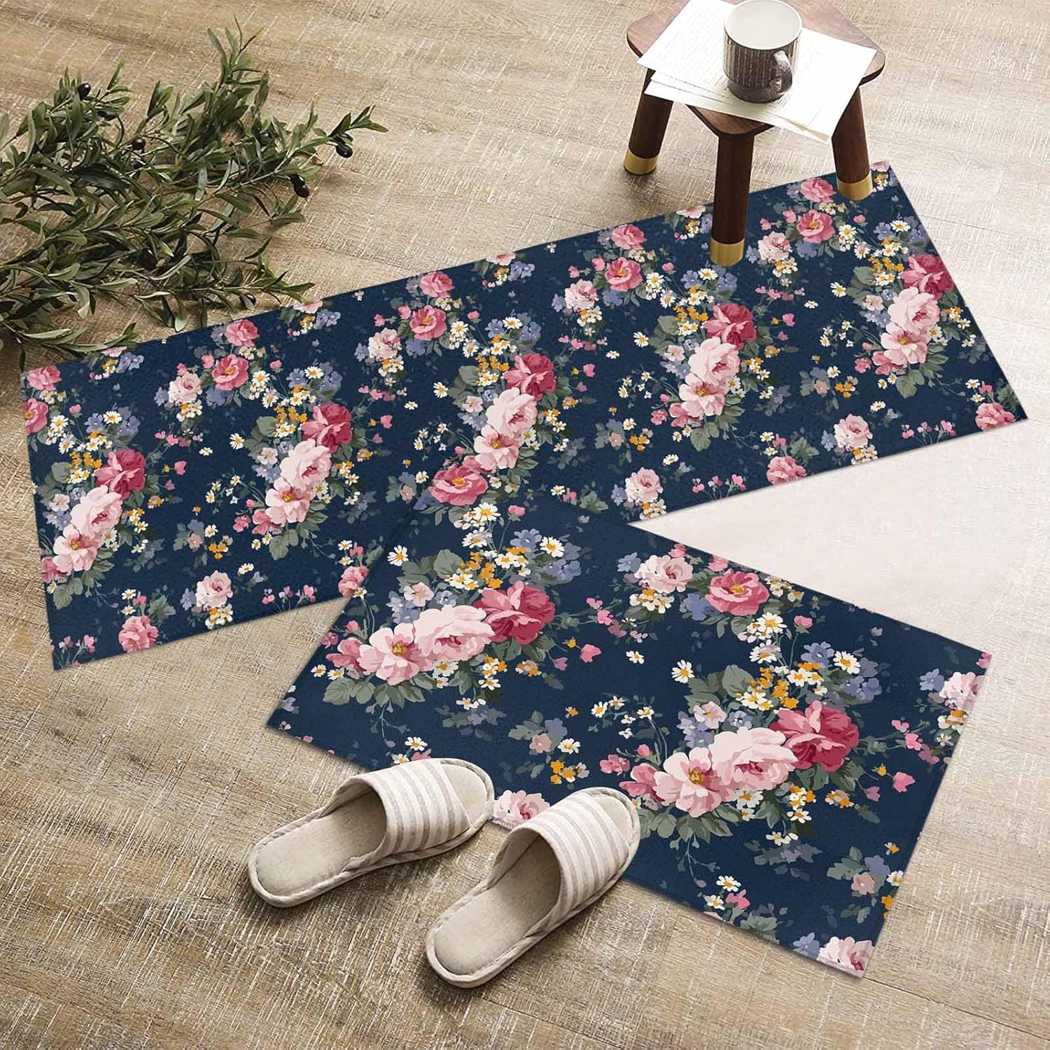 Kitchen Mats for Floor Pastoral Rose Gradient Pink Washable Non Slip Kitchen Rugs 2PCS, Farmhouse Floral Navy Blue Absorbent Standing Mats for Sink Bathroom Office Living Room 15.7x23.6in+15.7x47.2in