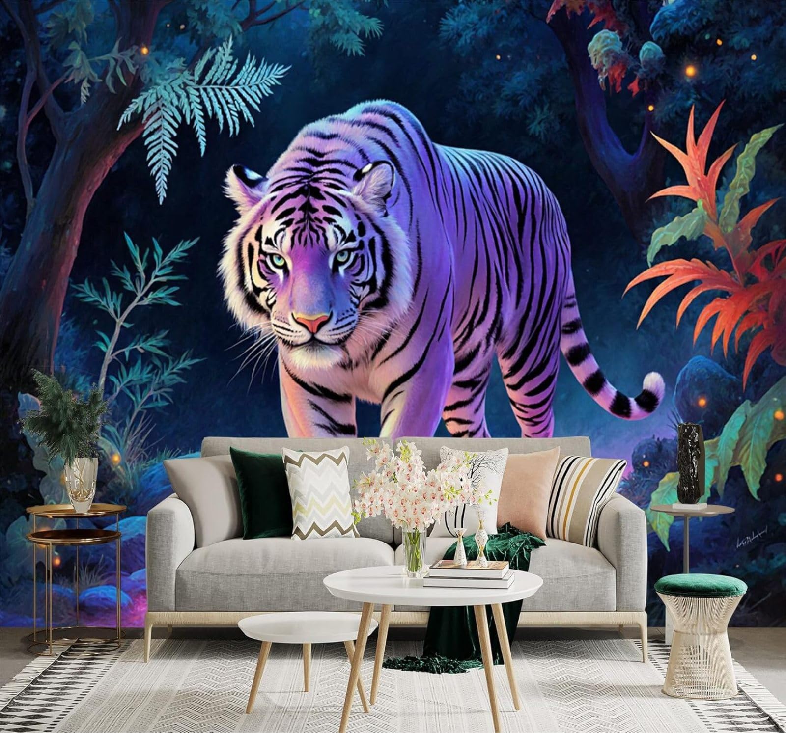 Xlming 400Cm×280Cm(B×H) White Tiger Forest Glowing Path Colourful Plants 3D Wallpaper Silky Texture Home Study Office Grey Dining Room Sofa Bedroom Living Room Tv Backdrop-400Cm×280Cm