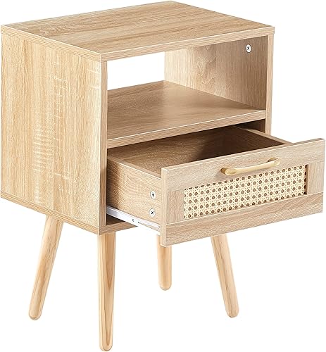 Miniatura 3 de YOUGUO Juego de 2 mesitas de noche, mesa auxiliar con cajón decorativo de ratán y patas de madera maciza, mesa decorativa de madera con