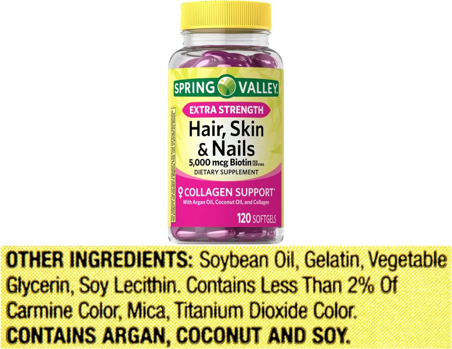 Spring Valley Hair, Skin & Nails Biotin Collagen Gelatin Extra Strength Dietary Supplement 120ct (Pack of 02) 240 Total + me Gusta Sticker