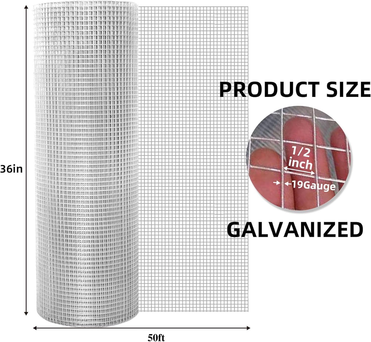 Hardware Cloth 50ft x 36in Wire Mesh 1/2 inch 19 Gauge Mesh Roll Hot Dipped Galvanized After Welding Heavy Duty Garden Chicken Rabbit Snake Wire Fence