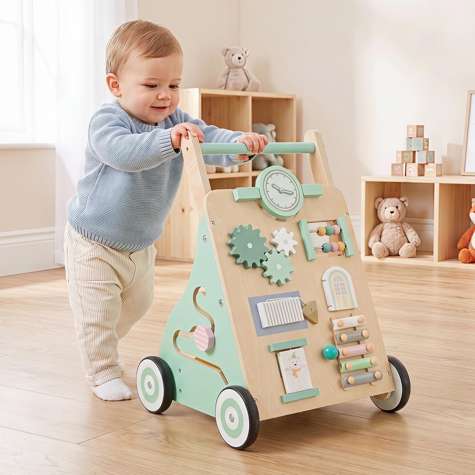 COSTWAY Wózek do nauki chodzenia 2 w 1 z drewna, Baby Walker dla dzieci od | Wielofunkcyjny przyrząd do nauki chodzenia z centrum aktywności Montessori, 10 interaktywnych zajęć i miejsce do