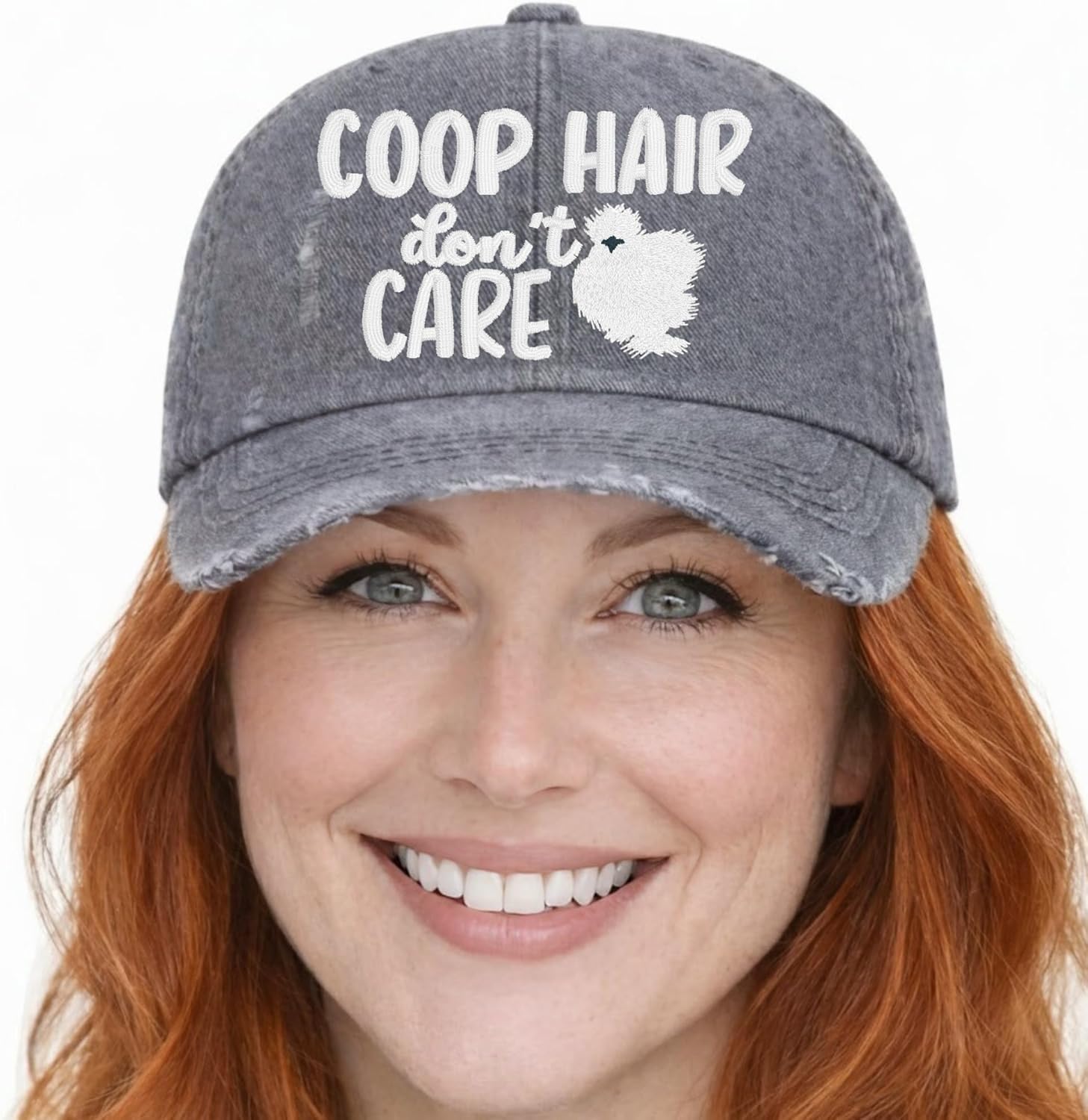 Women's Silkie Chicken Coop Hair Don't Care Hat, Baseball or High Ponytail Cap, Handmade Embroidered Silkie Chicken Farm Owner Gift for Her Wife Girlfriend Mom Friend Sister, Funny Pun