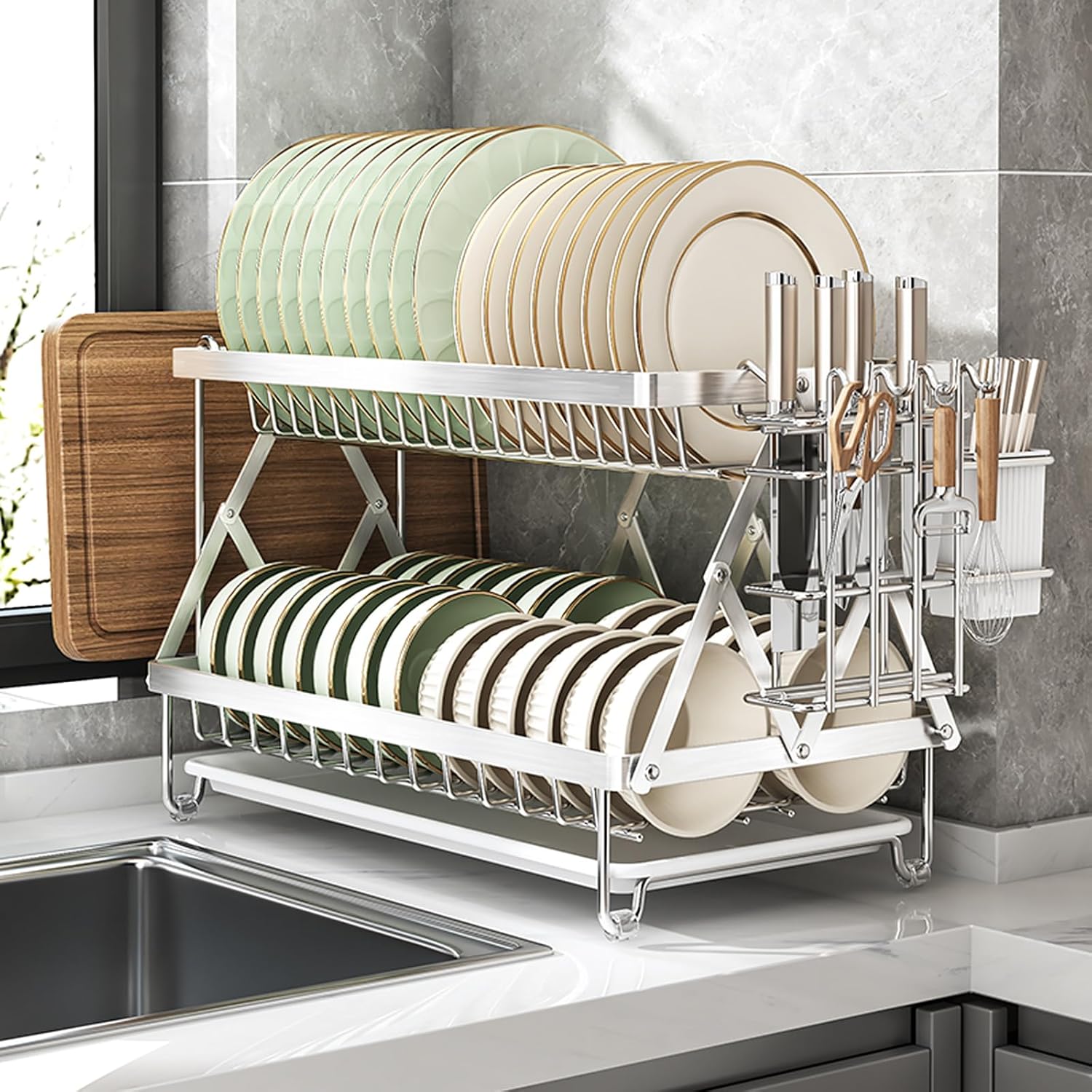 2-Tier 304 Stainless Steel Dish Rack, Foldable Over Sink with Cutting Board/Utensil/Knife Holder, No Assembly Required Space Saving Drying Rack