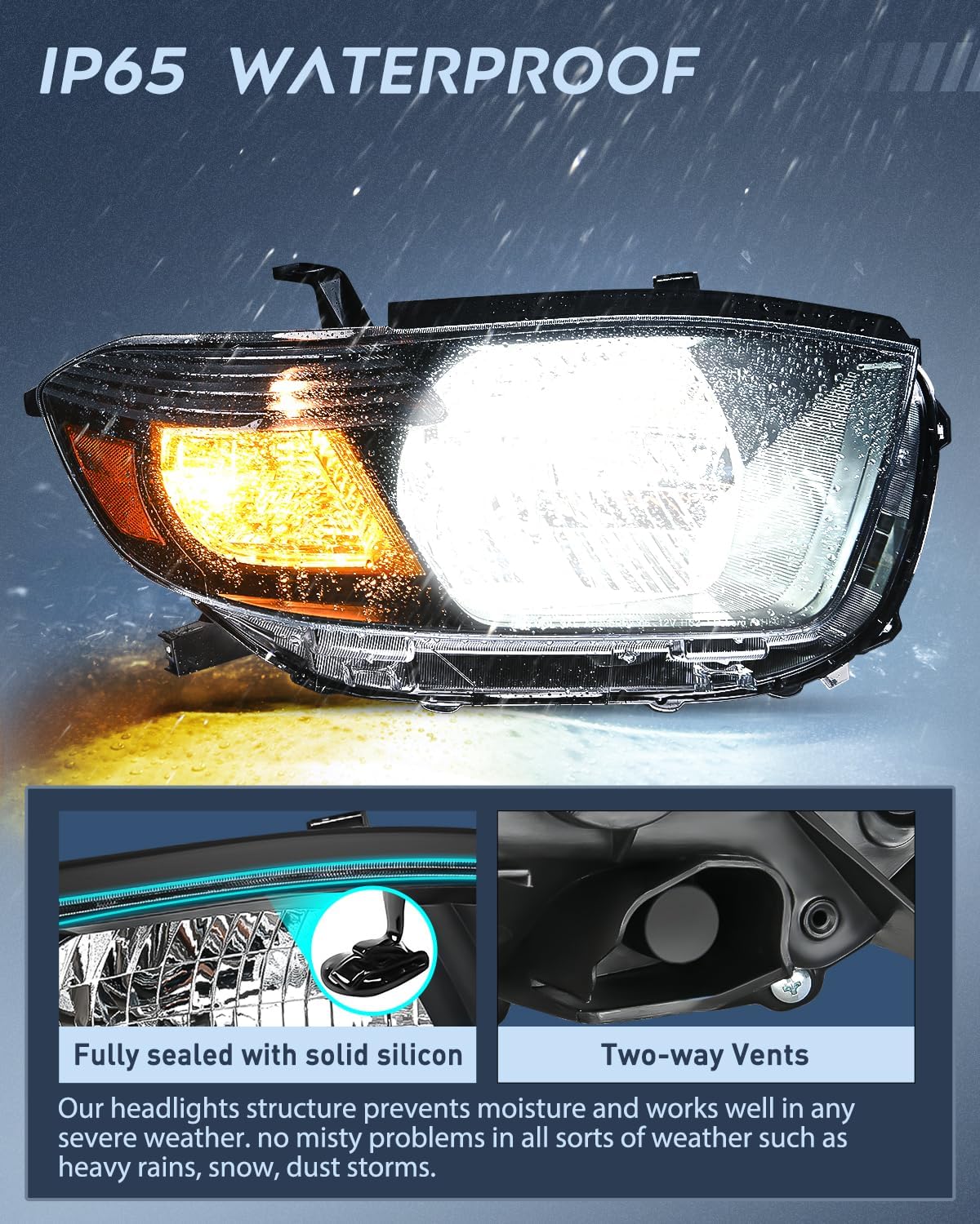 Nilight Headlights Assembly for Toyota Highlander 2008 2009 2010 Headlamp Black Housing Amber Reflector