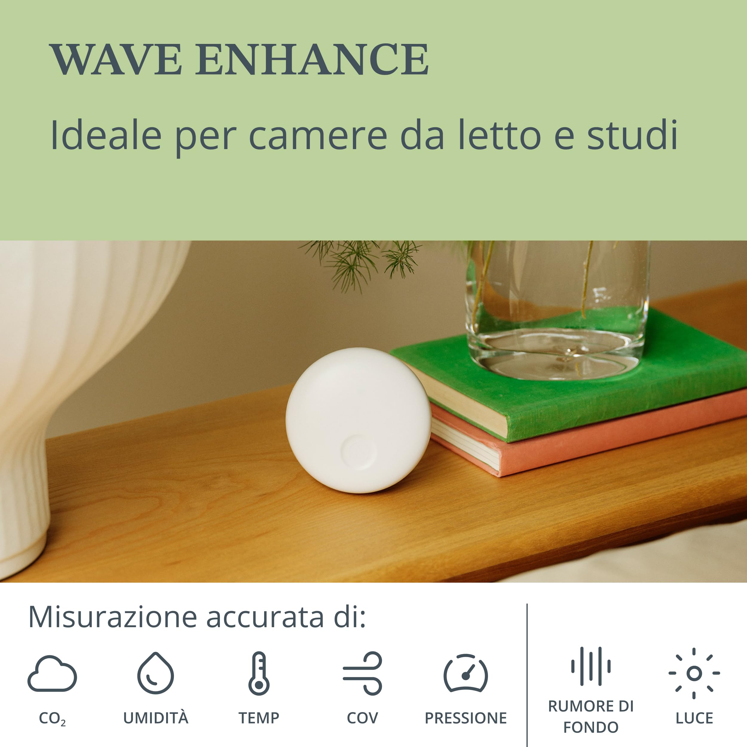 Airthings 321 Wave Enhance - Monitor della qualità dell'aria per CO2, VOC, umidità, temperatura, pressione, rumore e luce. Ottimo per migliorare il sonno in camera e la concentrazione al lavoro