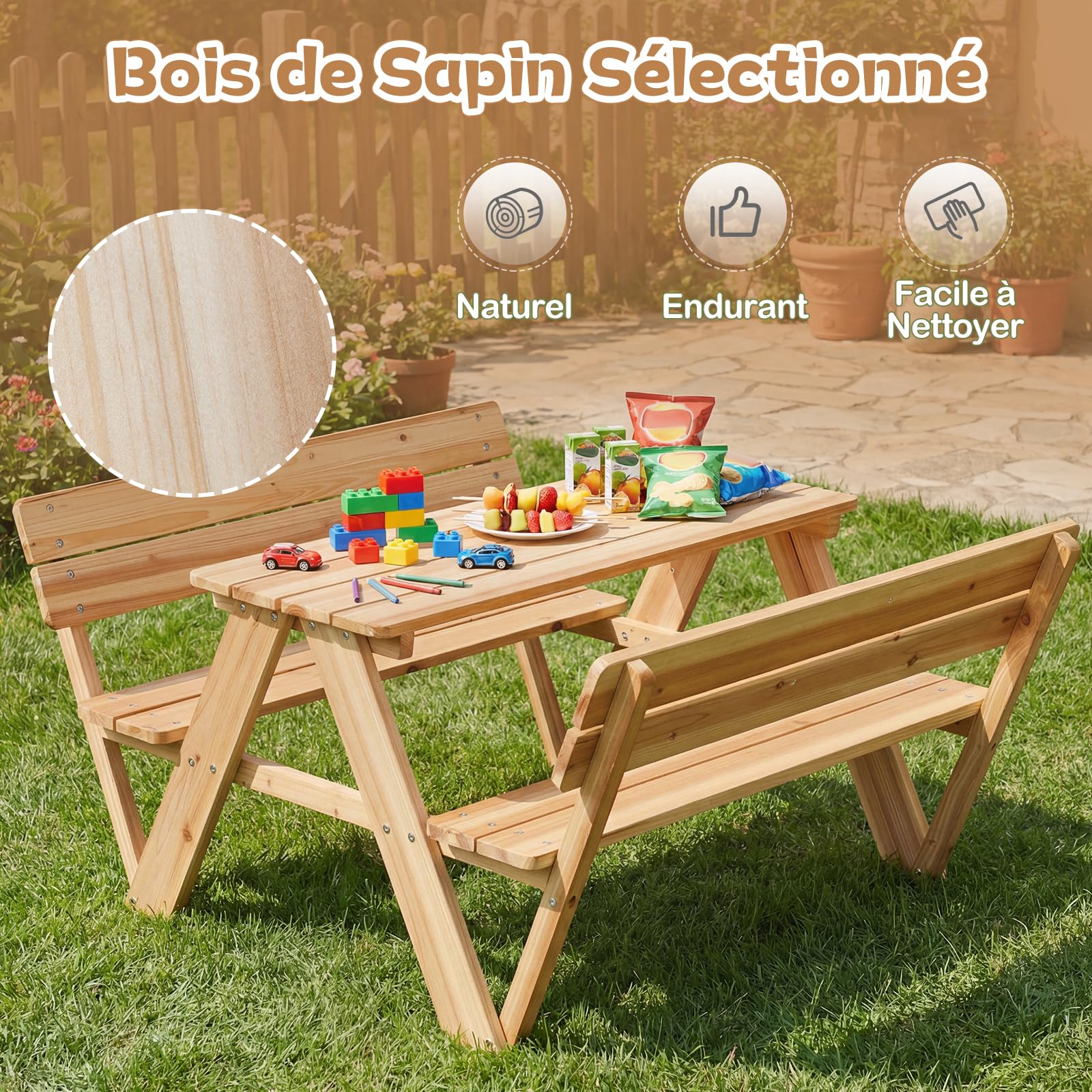 DREAMADE Table de Pique-Nique Enfants, Table Extérieure en Bois avec Bancs Intégrés et Dossiers pour 4, Ensemble Multi-activités Table et Chaises pour Patio, Jardin, Arrière-Cour, 3+ Ans