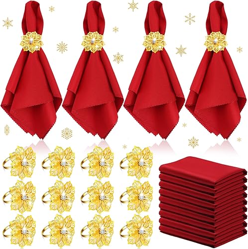 Vista 28 de Sliner Juego de 24 servilletas y anillos de Navidad, 12 servilletas de Navidad lavables de color rojo y 12 servilleteros de Navidad para cenas