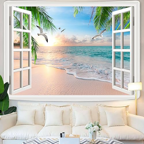 Miniatura 4 de Xiaoput Tapiz de paisaje natural, acogedor exterior de la ventana, palmera tropical, playa, mar, miau, puesta de sol, tapiz para colgar en la pared,