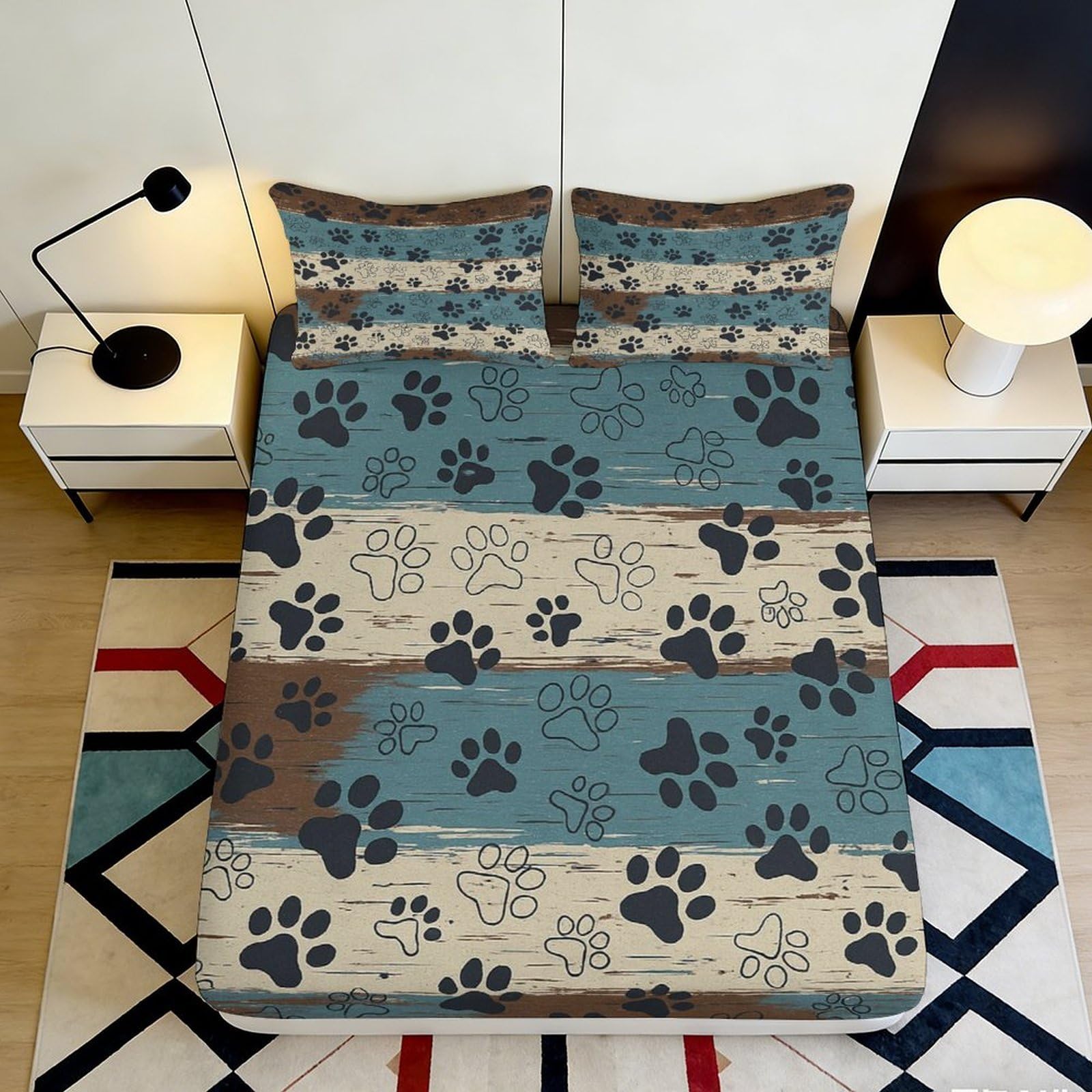 3D Printed Paw Print Fitted Sheet Microfiber Soft Breathable Striped Bed Cover for Bedroom Dormitory Guest Room Mattress Protection Decor 180x200x25cm