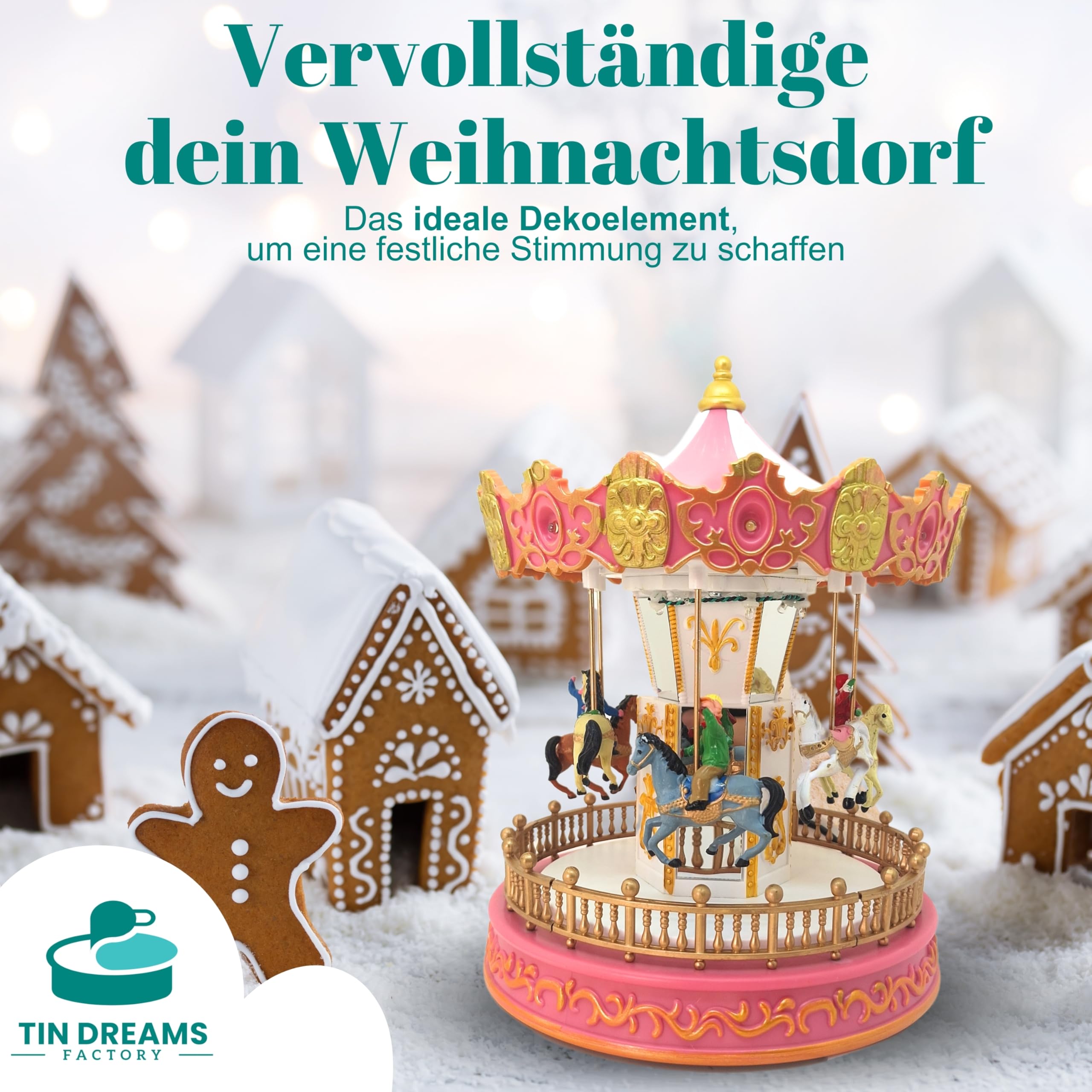 TIN Dreams | Kleiner Weihnachtskarussell mit Bewegung, Musik und LED-Lichtern | Musikalisches Karussell | Weihnachtsdorf, Miniaturdorf, Beleuchtete animierte Szene | Weihnachtsdeko Inner