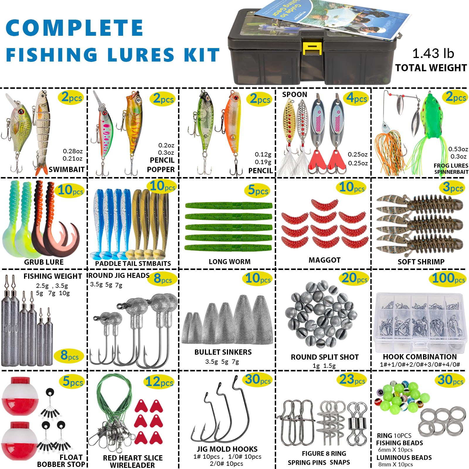 THKFISH Kit de leurres de pêche, kit d'équipement de pêche au bar pour eau douce et salée avec matériel inclus Appâts de surface, appâts spinners, grenouille, crochets/poids Accessoires Cadeau pour