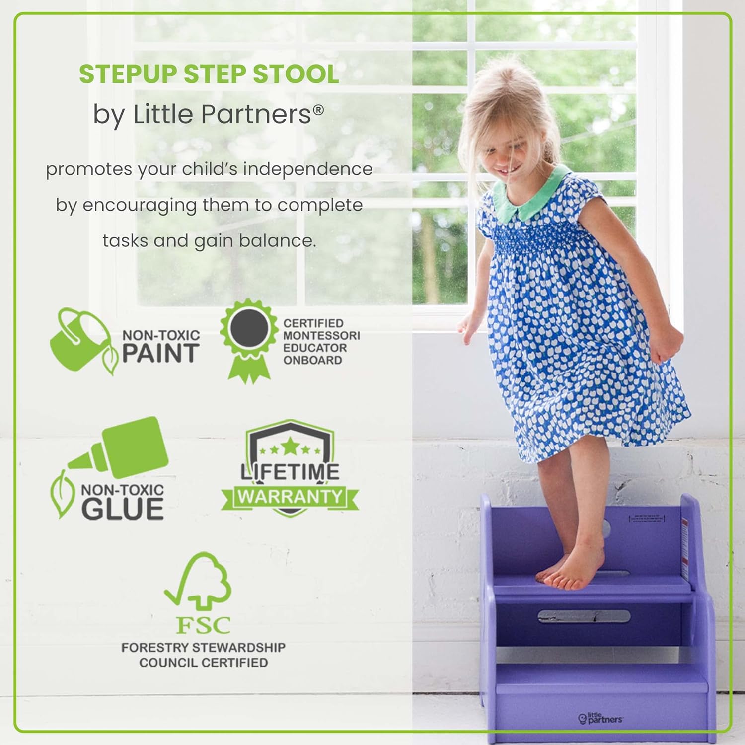Little Partners Toddler Step Up Stool | Wooden Step Stool with 2 Position Height Adjustment for Kitchen, Bathroom and Nursery (Lilac)