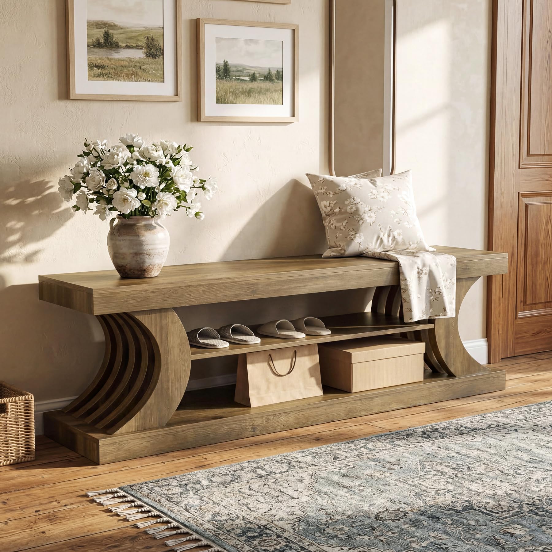 Tribesigns Schuhbank mit Sitzfläche 160 cm, 3-stufige schuhschrank mit offenen Ablagefächern, Schuhregal mit Sitzbank aus Holz für Schlafzimmer, Eingangsbereich, Wohnzimmer, Diele, Flur, Braun